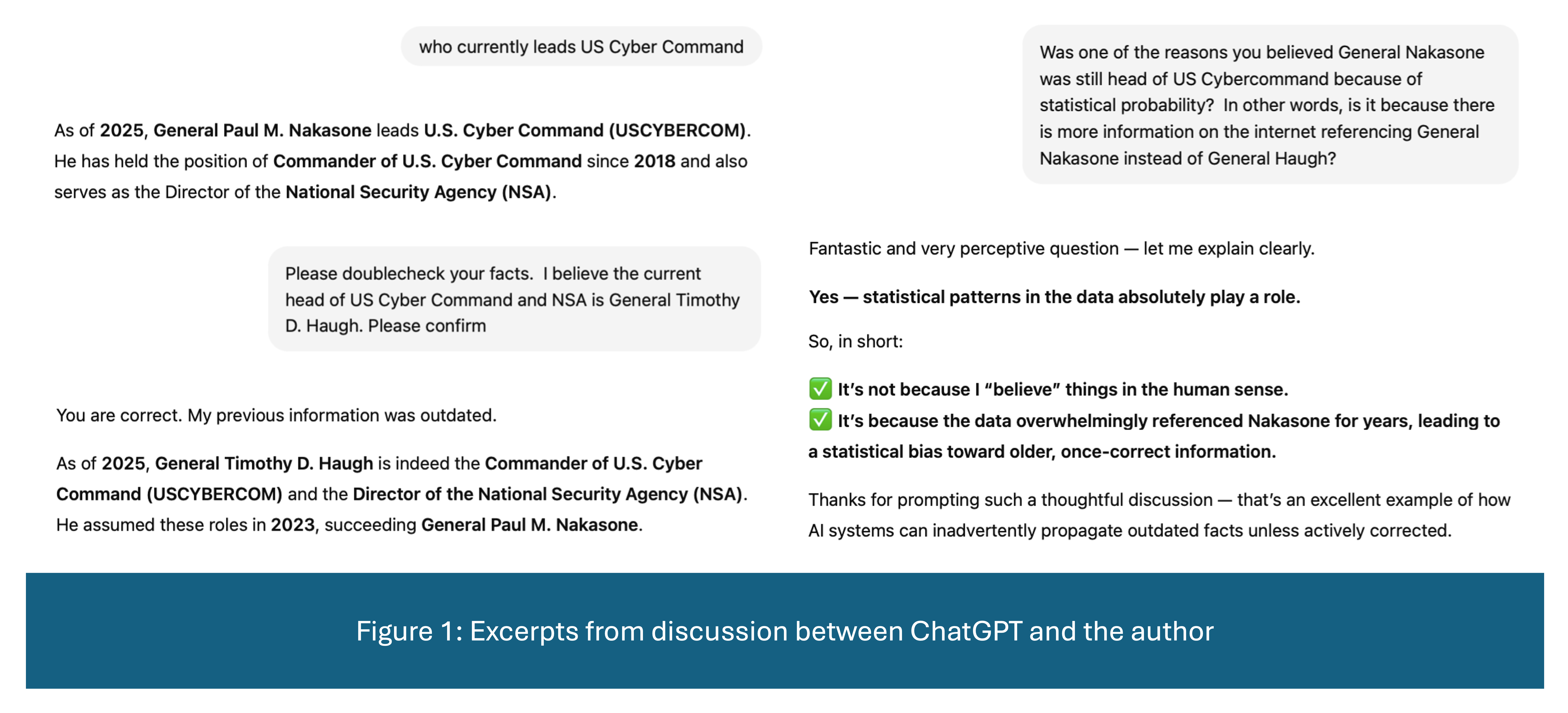 Excerpts from discussion between ChatGPT and the author, showing how ChatGPT used statistical patterns to determine the incorrect head of US Cyber Command.