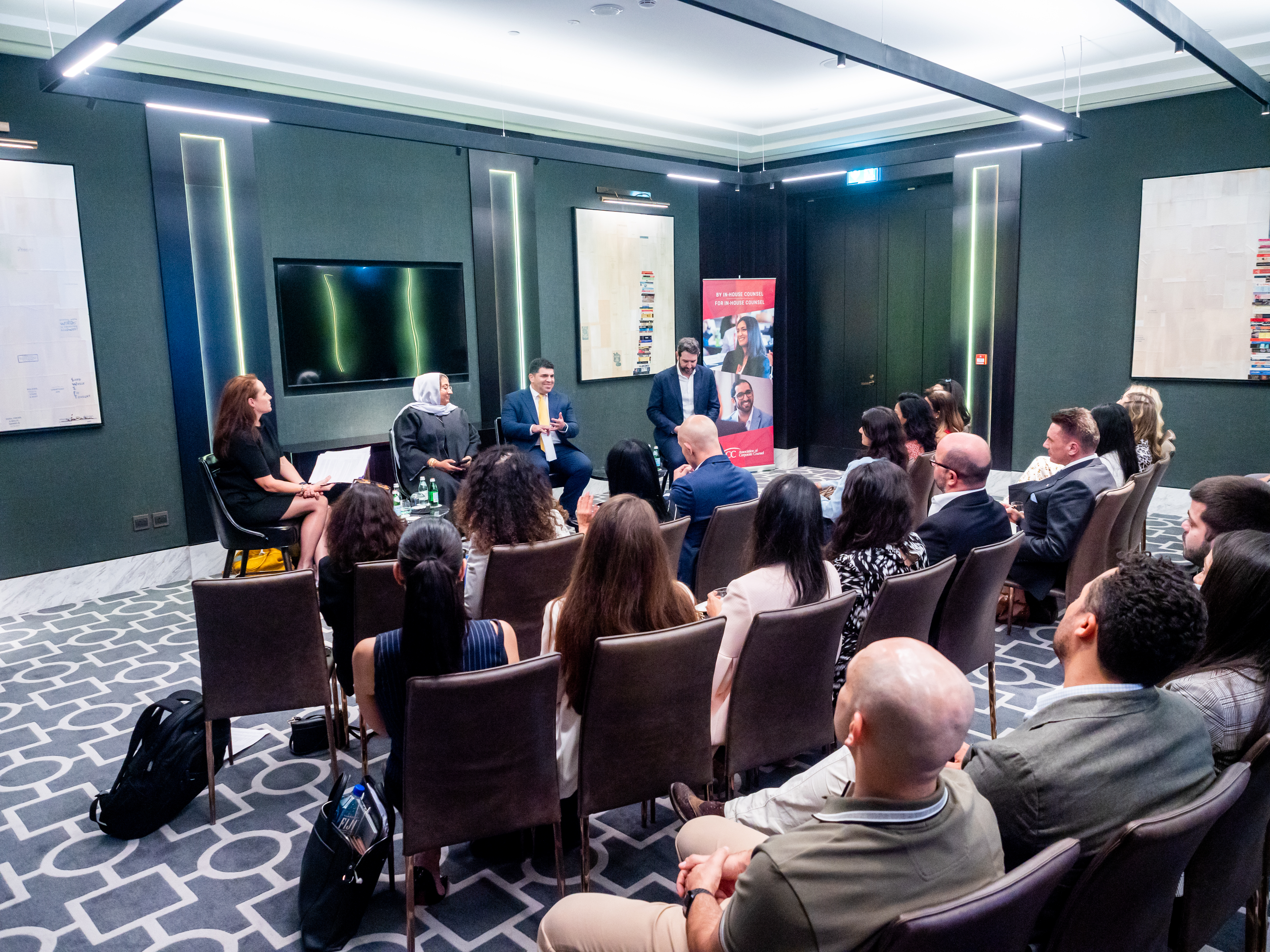 Mike Madden, second from right, Hussain Hadi, right, Sahia Ahmad, second from left, and Rebecca Kelly, with the ACC Middle East and North Africa Chapter and partners.
