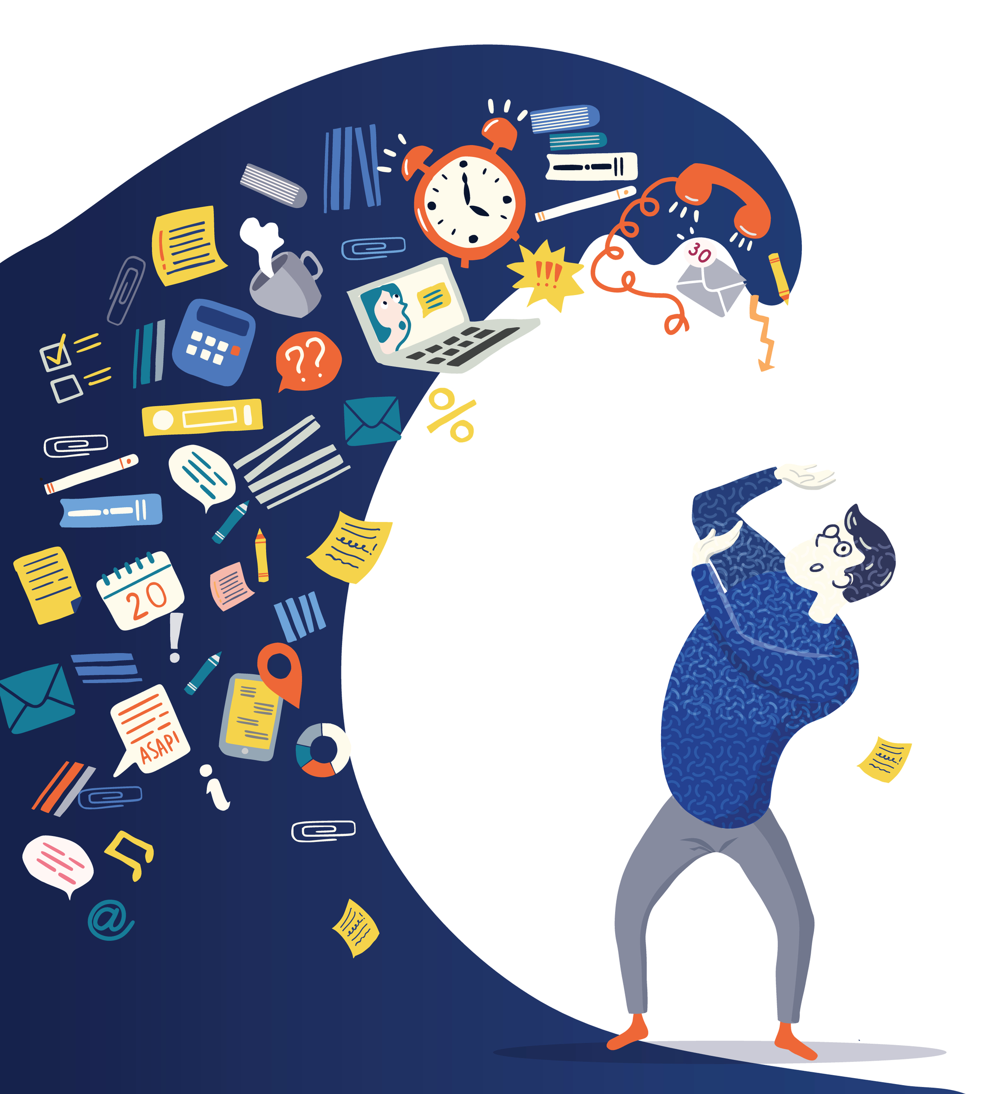Illustration of man being overcome by work stuff (laptop, calculator, paperclip, coffee mug, envelope, calendar, etc., in the form of a tidal wave.