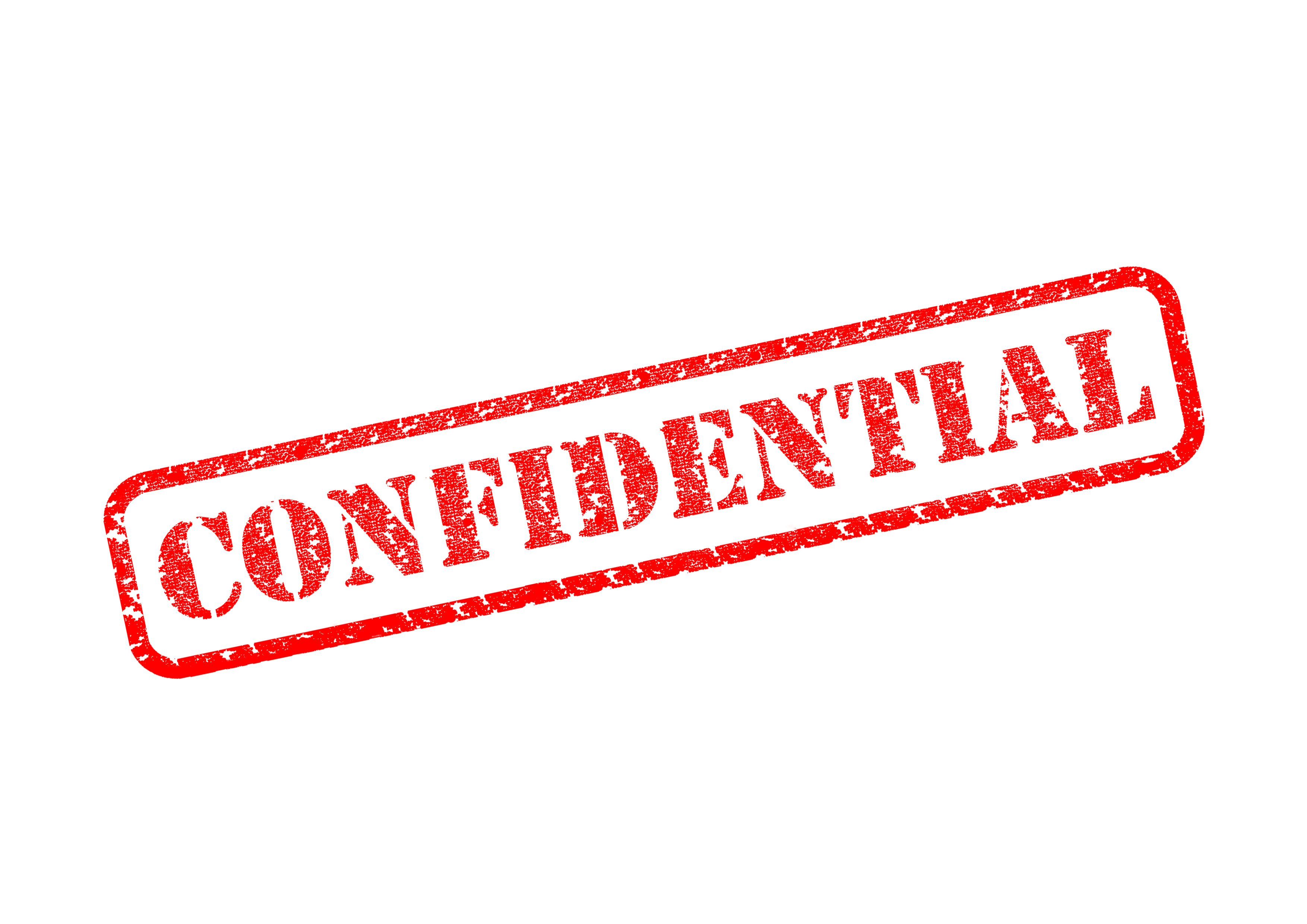 "confidential," left side leaning down, all caps, in border, red, as used in many documents
