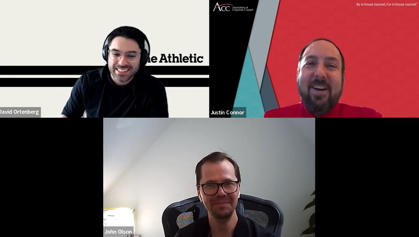 David Ortenberg, GC, The Athletic, and John Olson, Gunderson partner and M&A specialist, 
in a recent video interview by the ACC's Justin Connor.