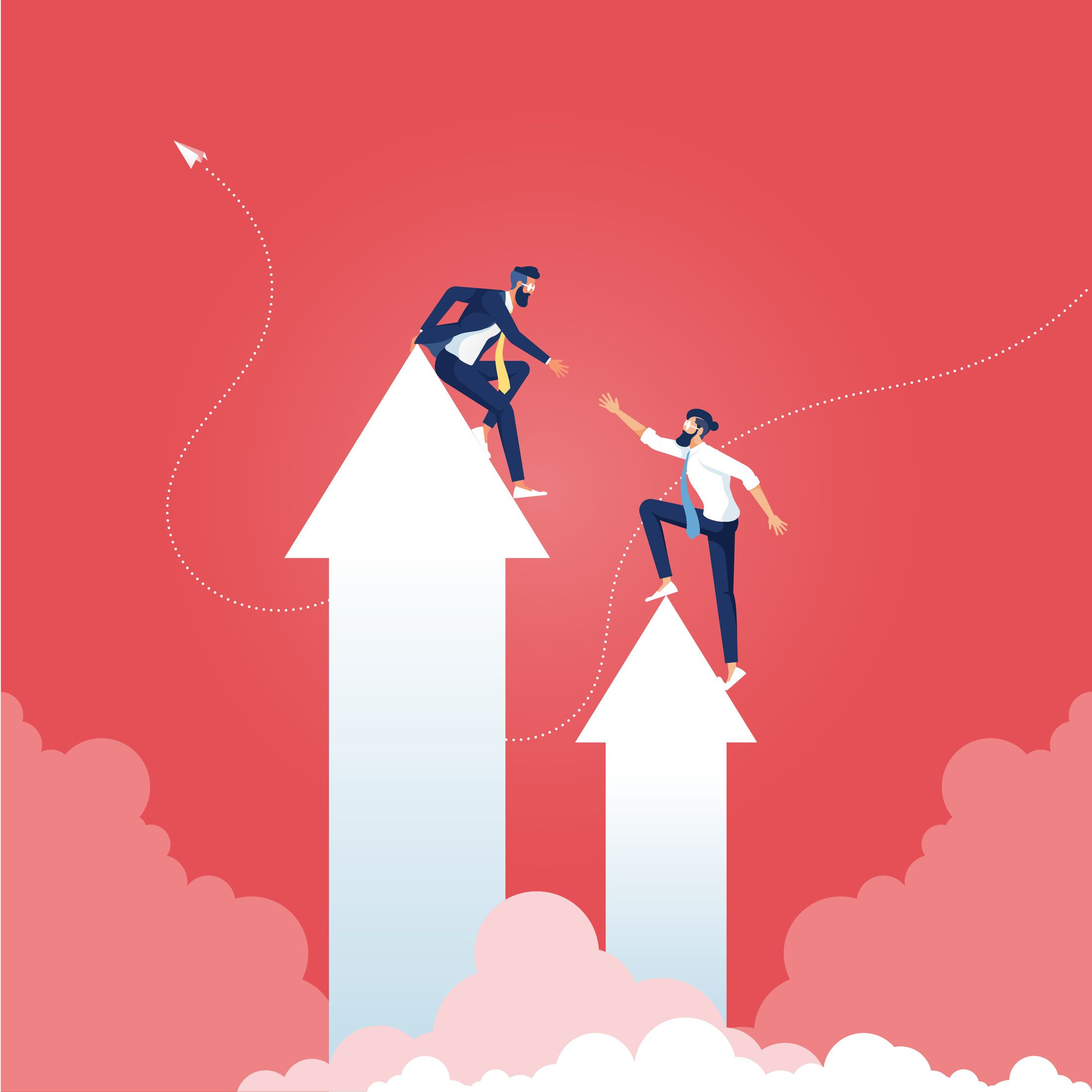 Leader help each other climb the arrows to reach the goal.