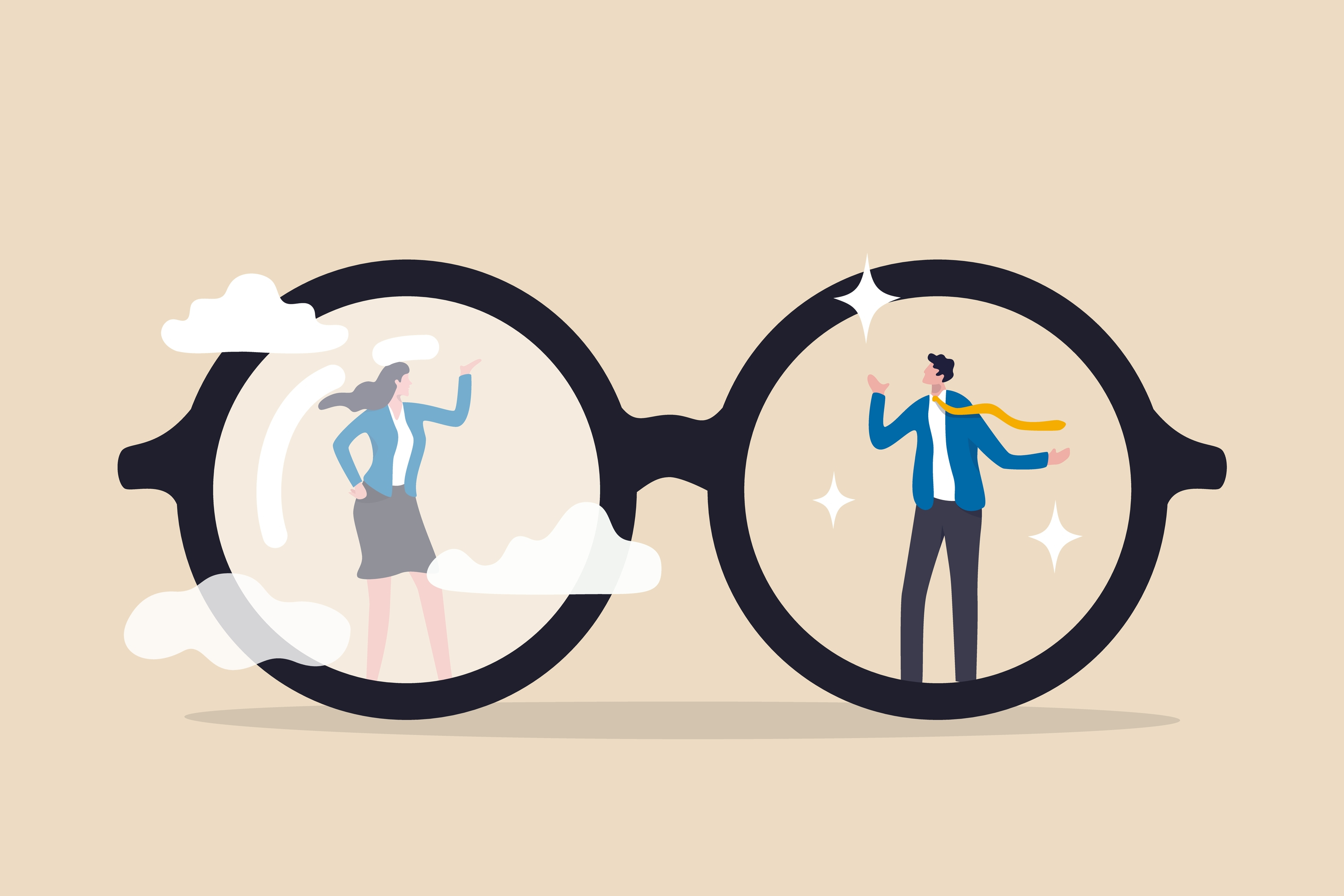 Looking through glasses at a man and woman. The lens looking at the woman is cloudy, and the lens looking at the man is clear.