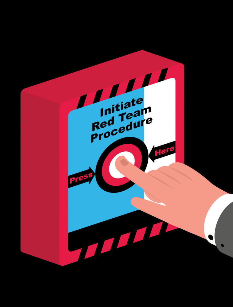 Hand pressing a button labeled Initiate Red Team Procedure.