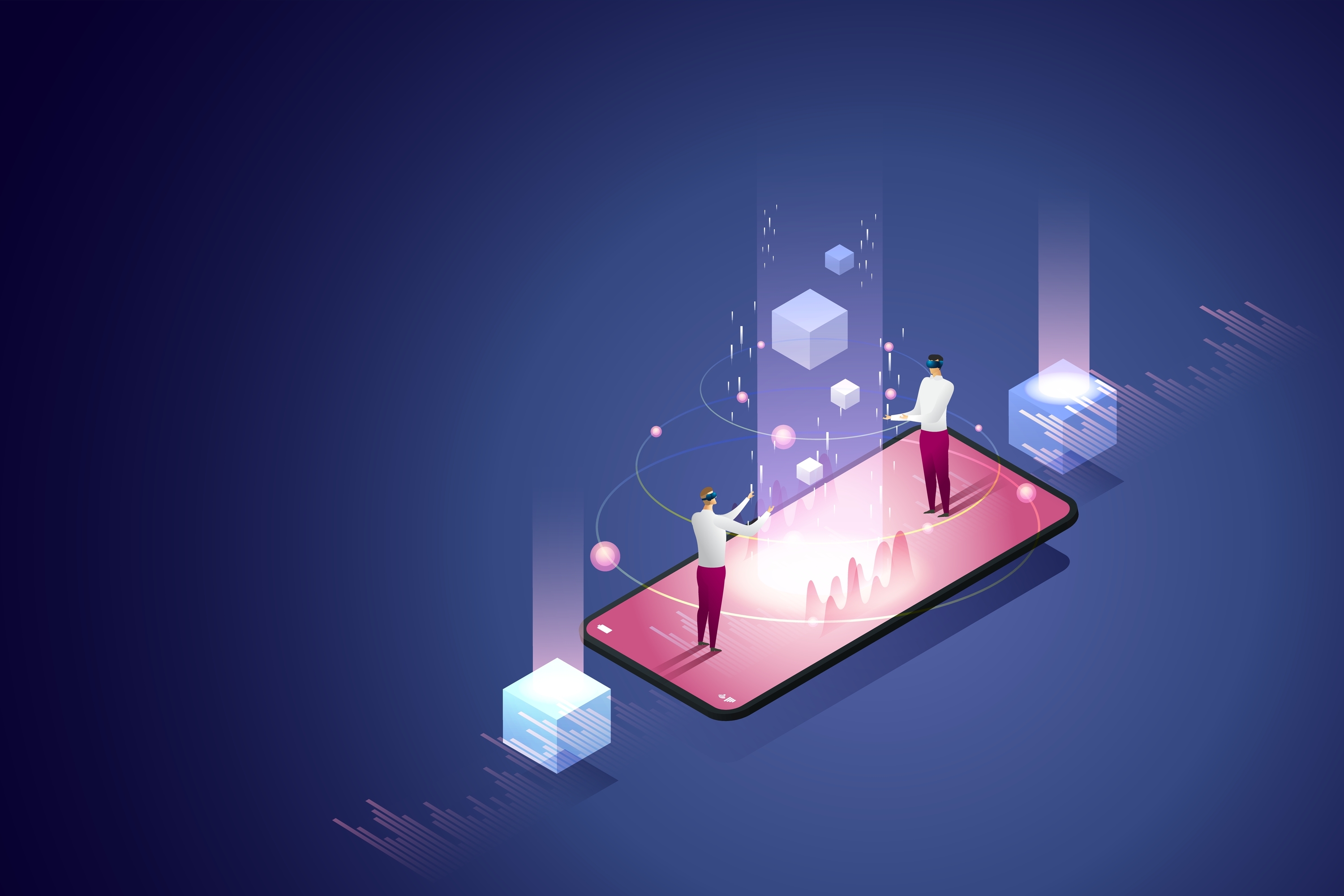 illustration of 2 figures, wearing wrap-around glasses like virtual reality, white skin, it appears, with floating boxes in transparent tower as though they are communicating within the metaverse