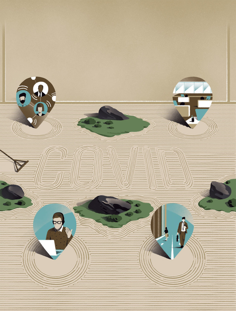 A sand garden with the word COVID. Several images of pandemic work life