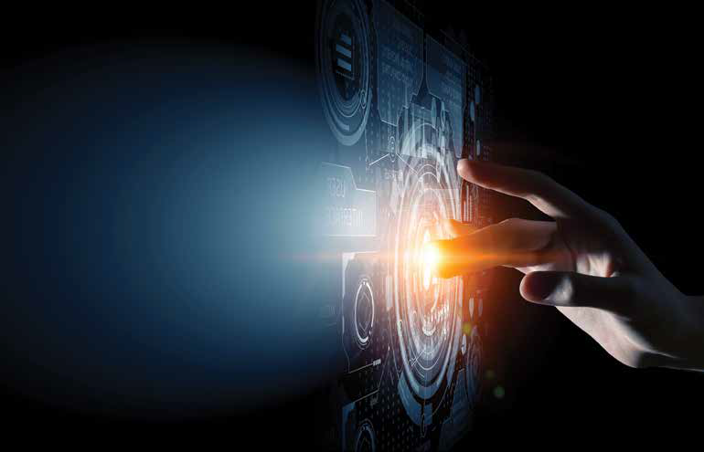 a finger touching a futuristic visual display