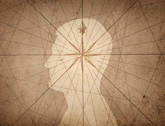 a compass rose and a human silouhette