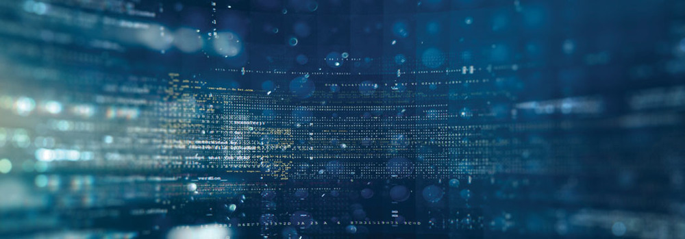 Blue image with vague lines of code crossing over each other.