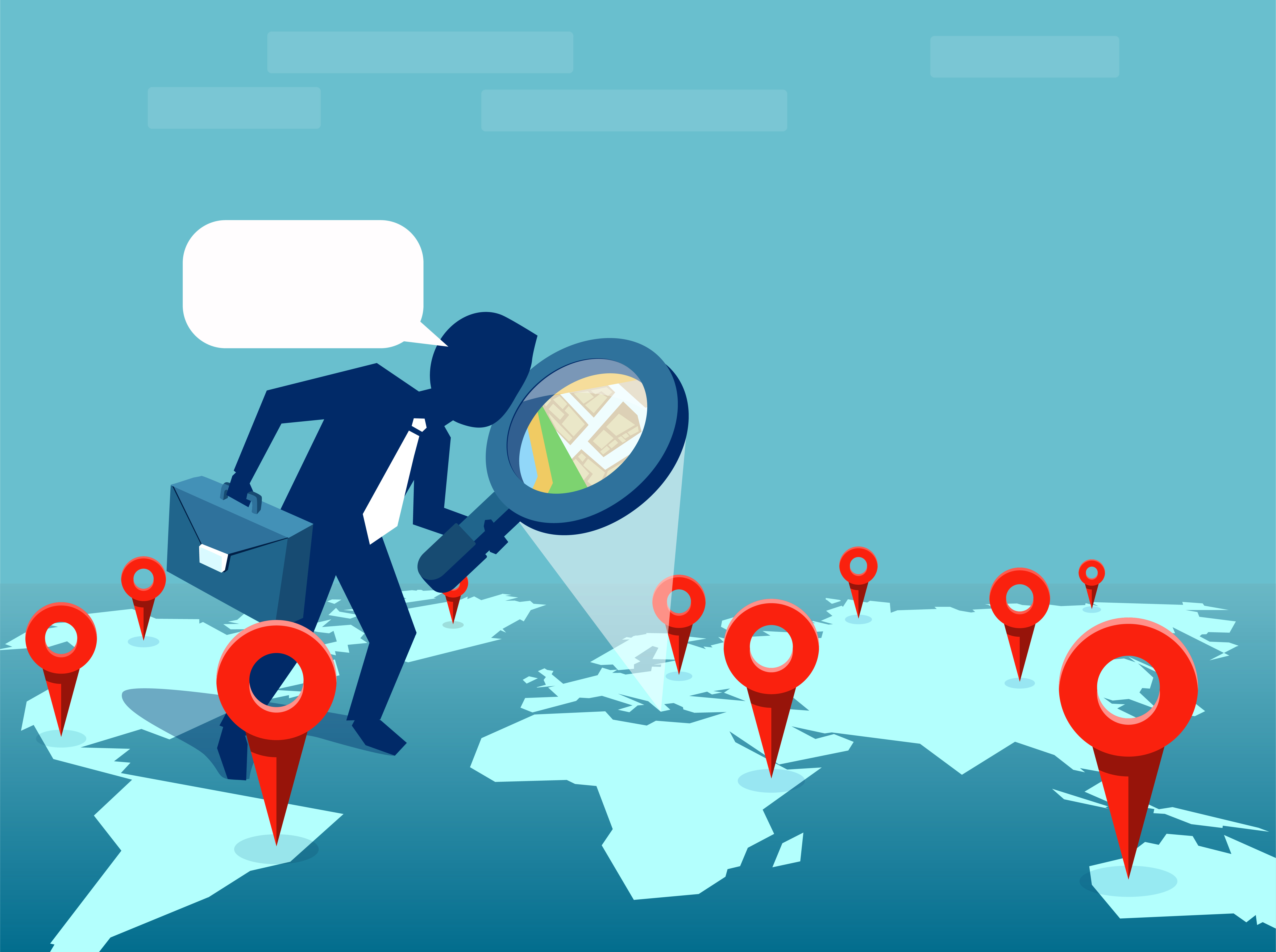 Man traveling across world with magnifying glass.