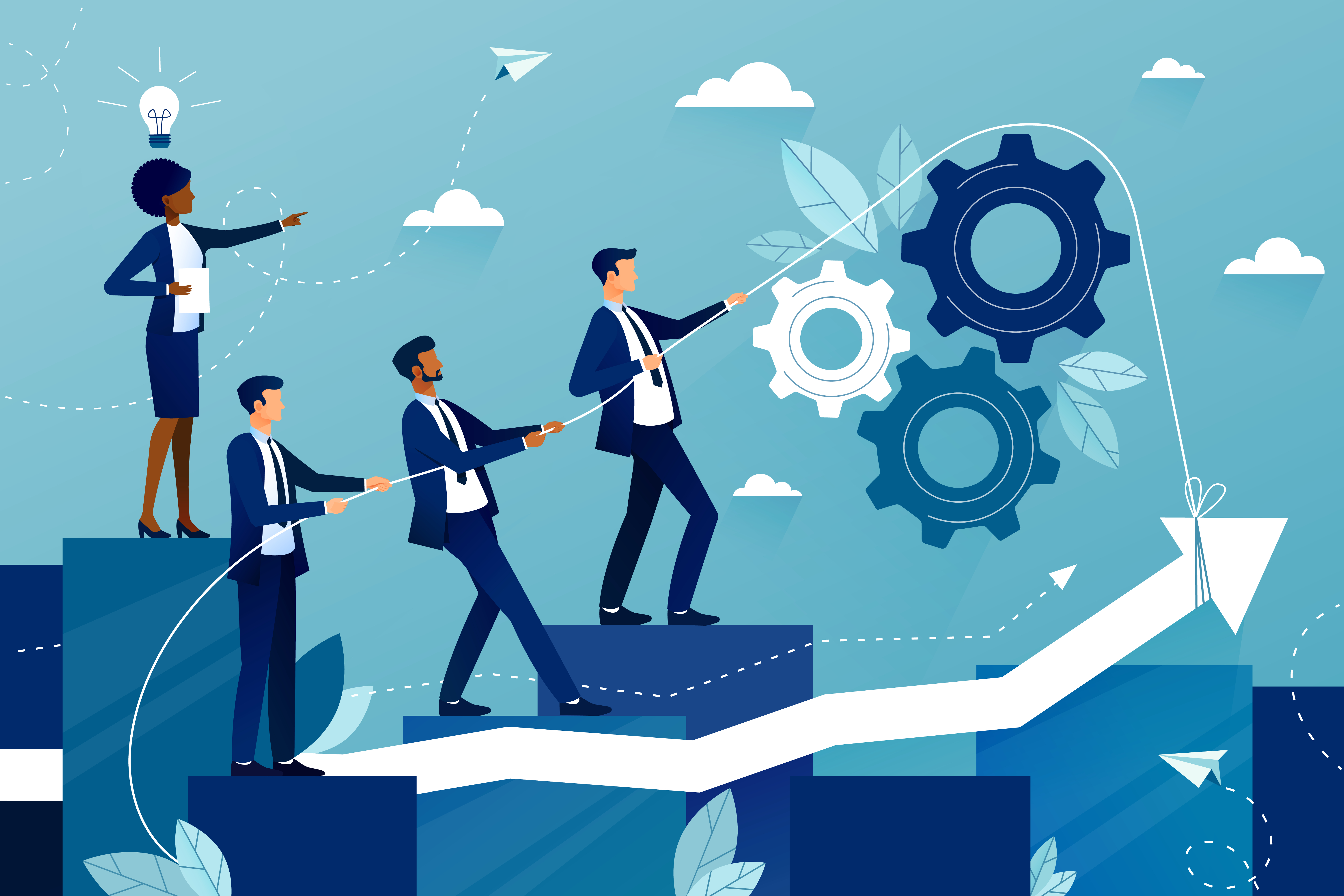 A brown woman directing and leading her team members. 