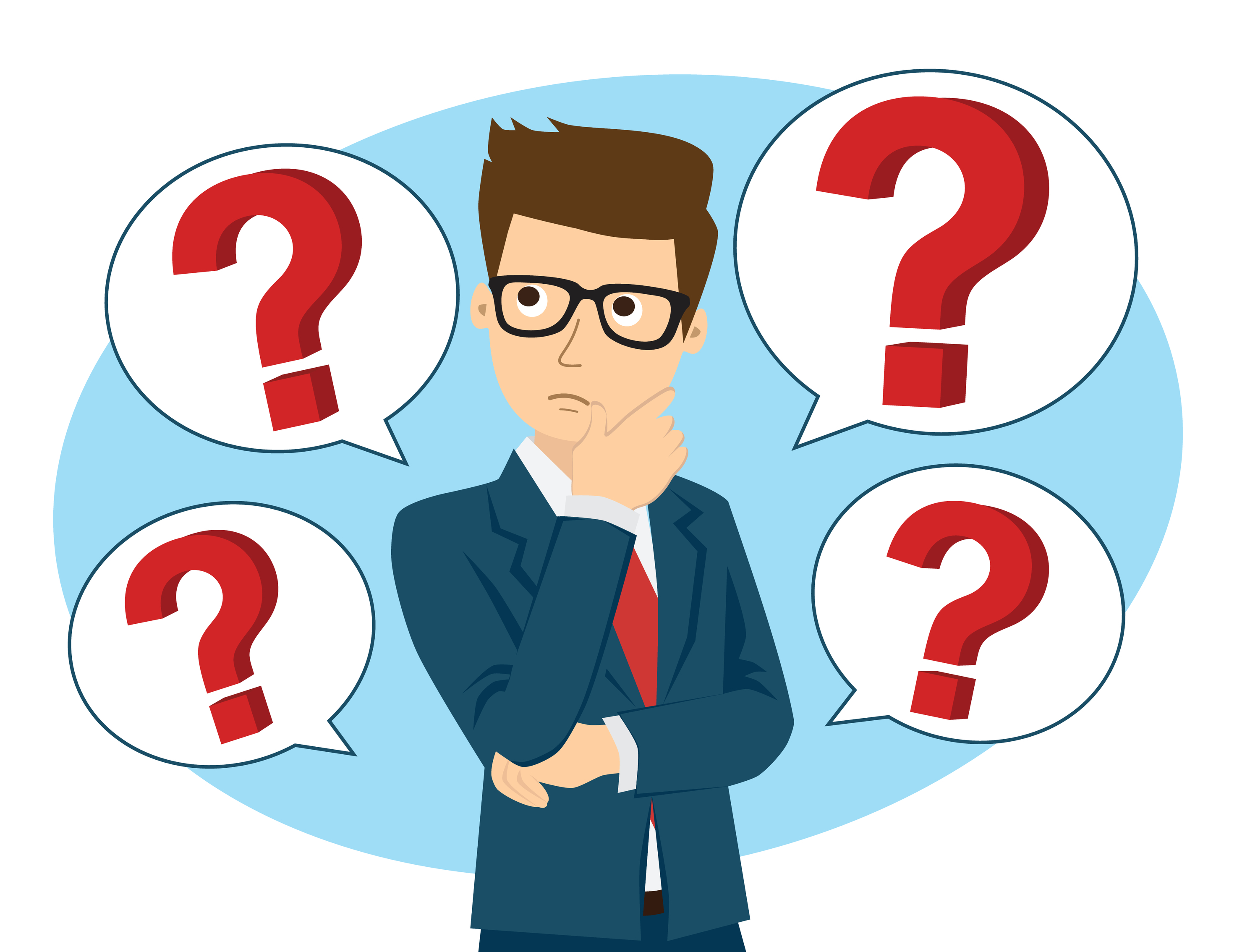 Businessman thinking, question mark.