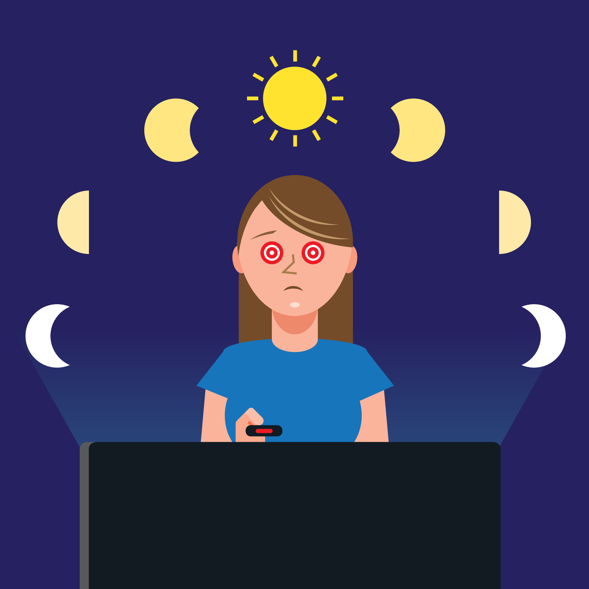 Woman binge watching television show throughout the day.