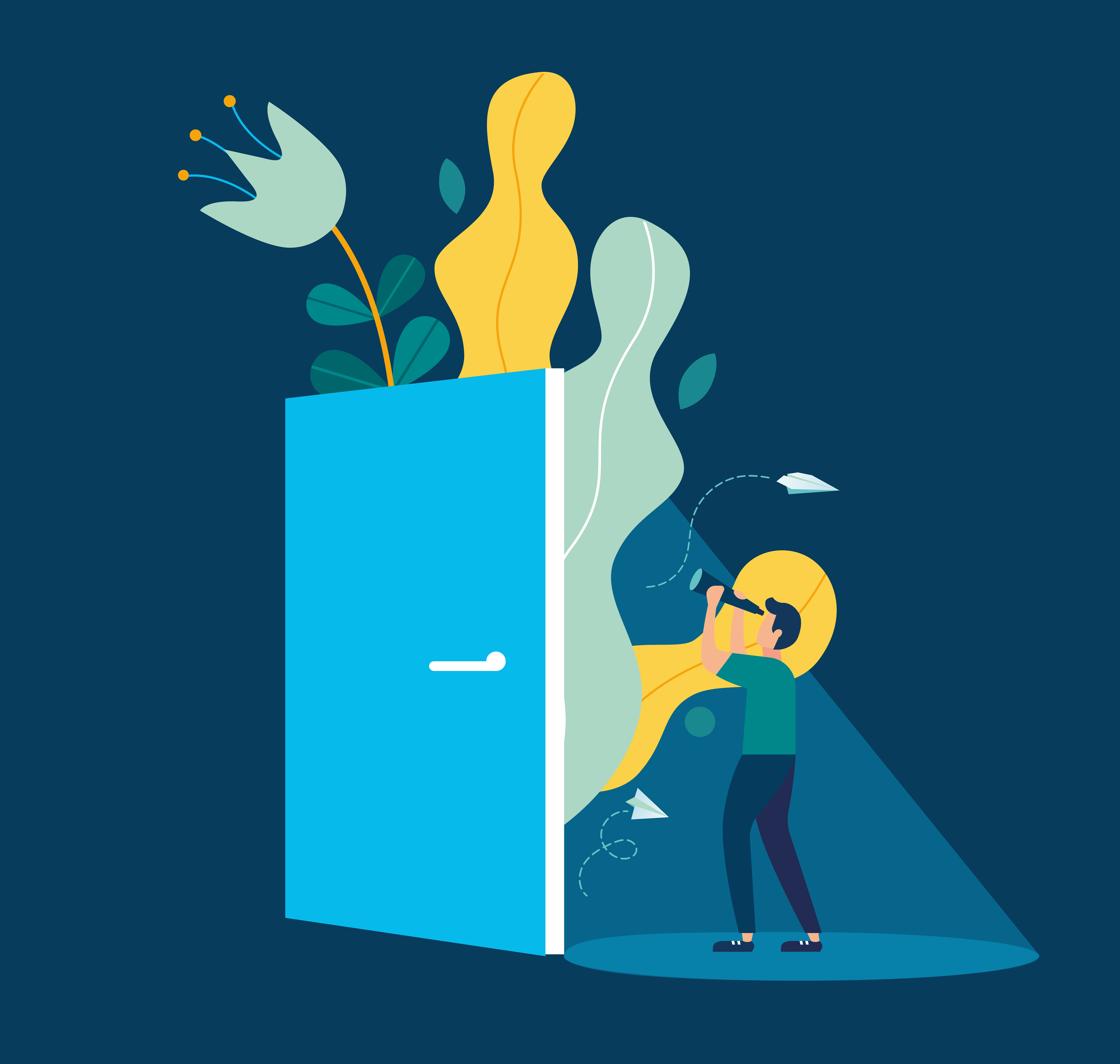 Man showing curiosity looking through door with growing opportunities concept.