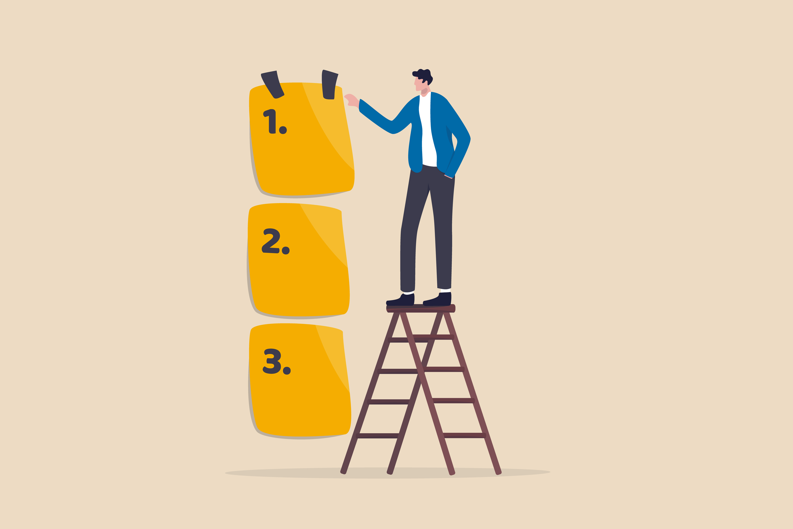 Young entrepreneur businessman manage to prioritize sticky note with number first, second and third.