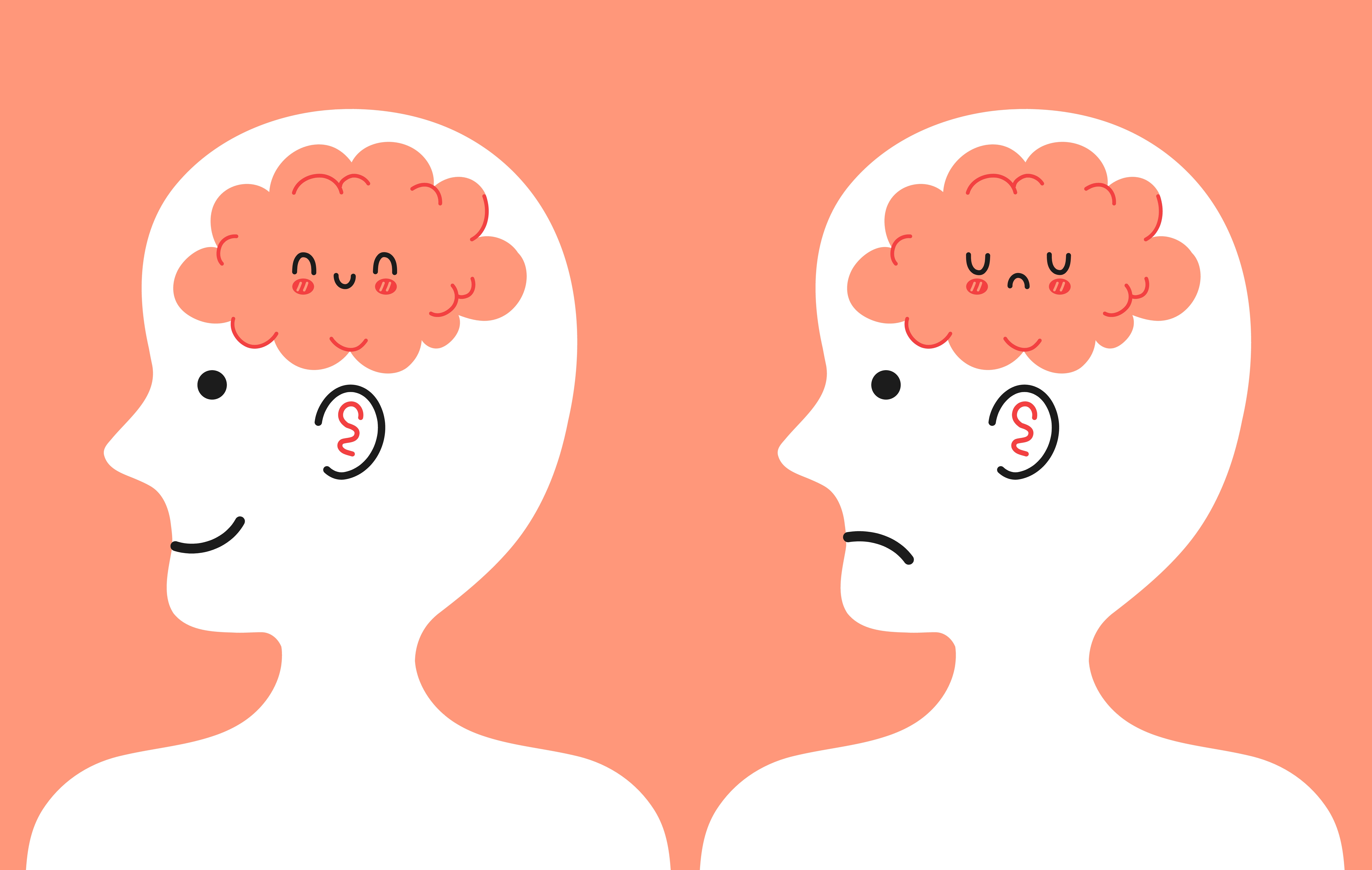 Cute human head in profile with happy and sad brain inside.