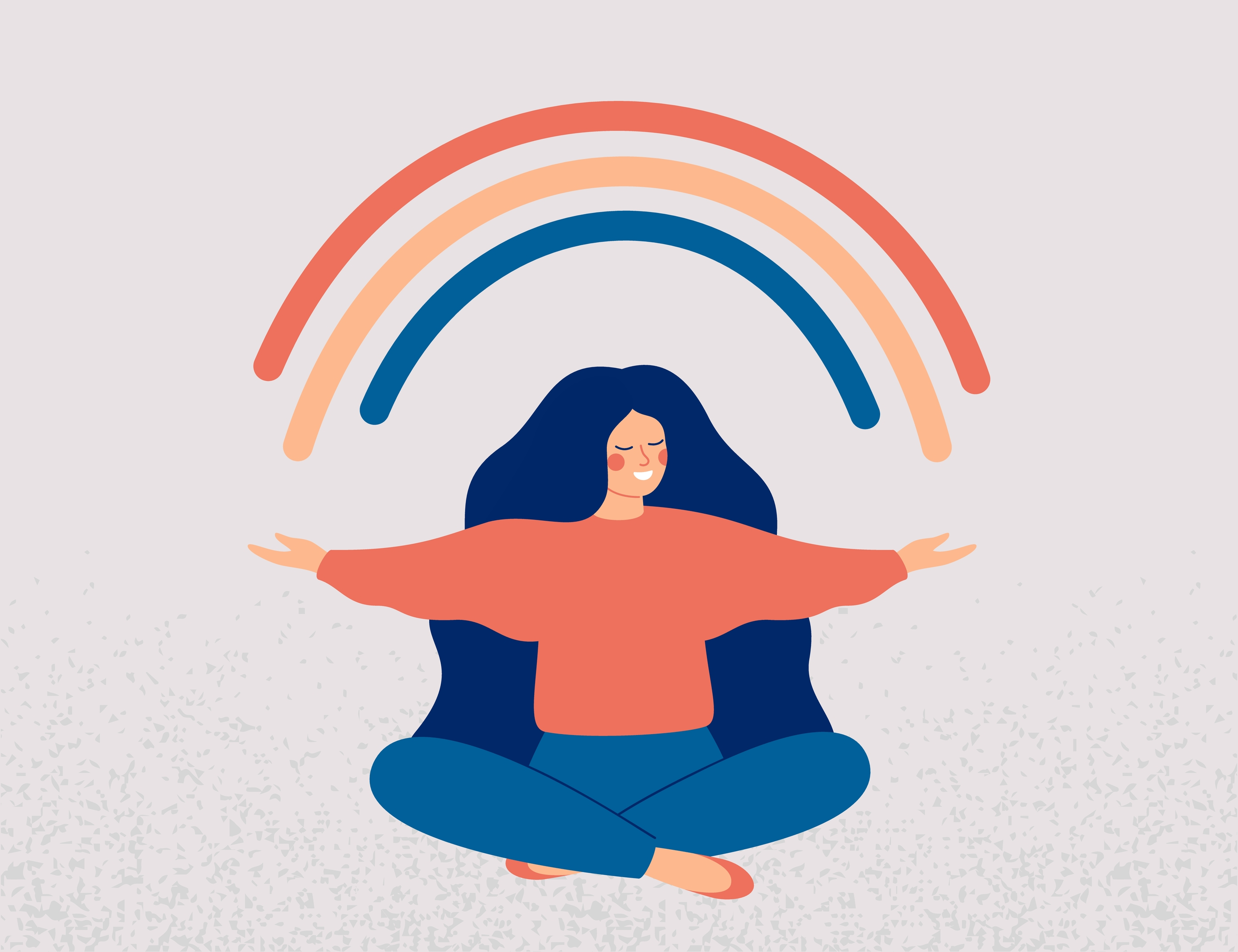 Happy woman sitting in criss-cross apple sauce position with rainbow above her.