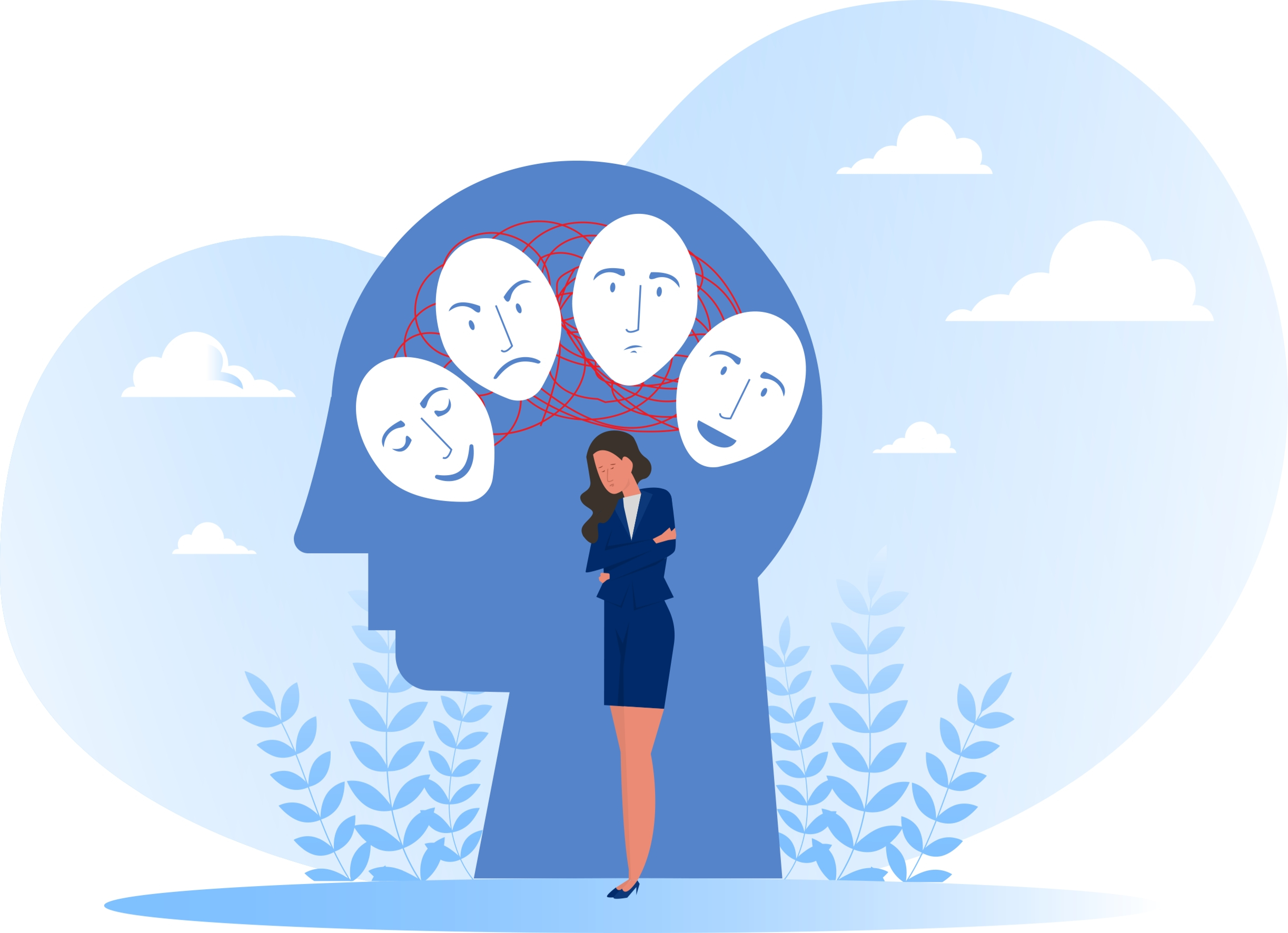 Woman standing in front of multiple masks with mixed emotions. 