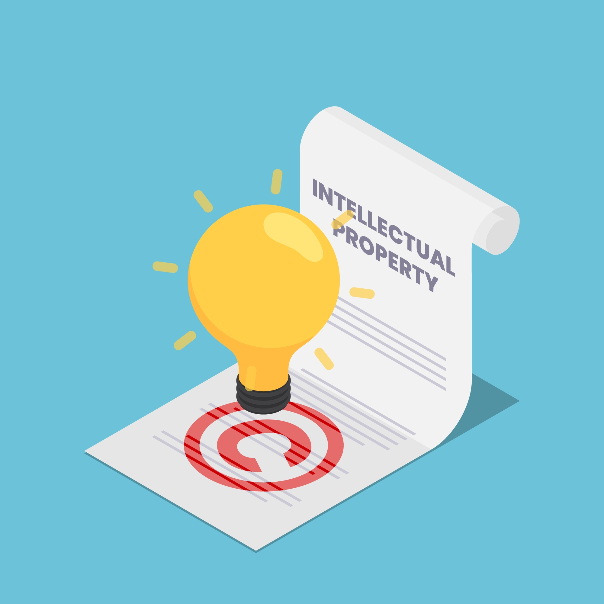 Flat 3d Isometric Light Bulb on Intellectual Property Document. 