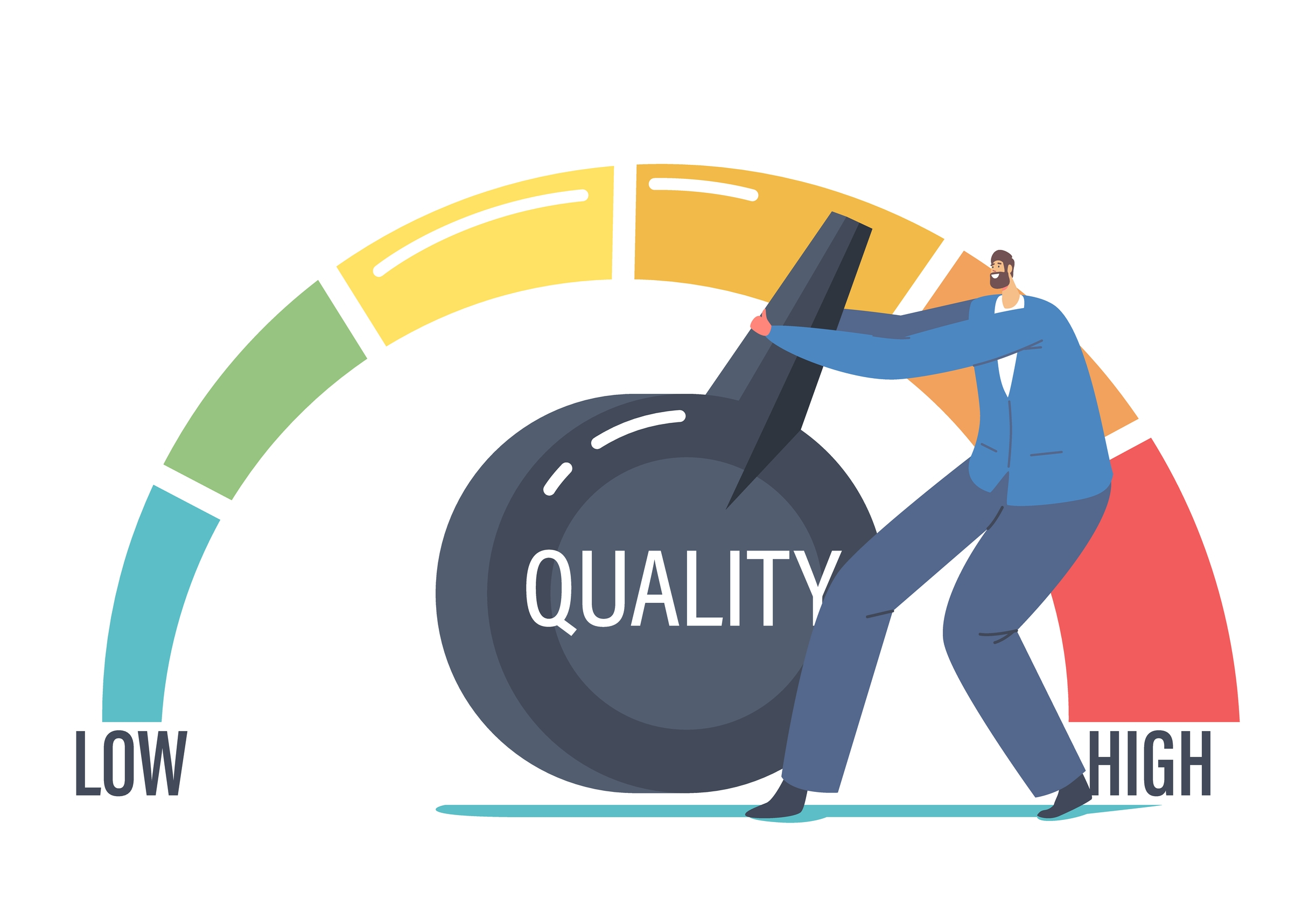 Tiny businessman character pulls huge lever arm to increase Level Quality