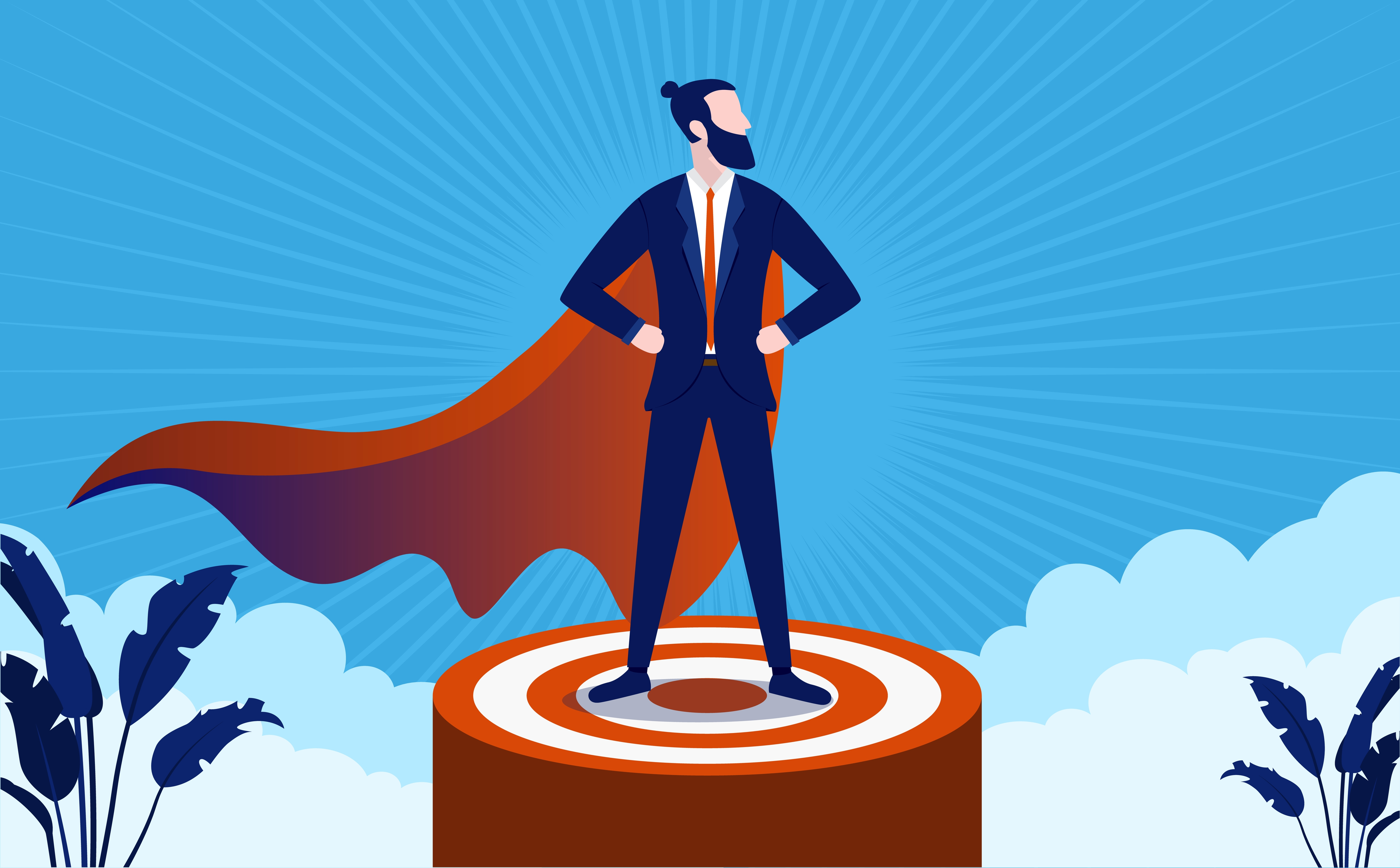 Successful superhero leader on podium, standing proud and strong.