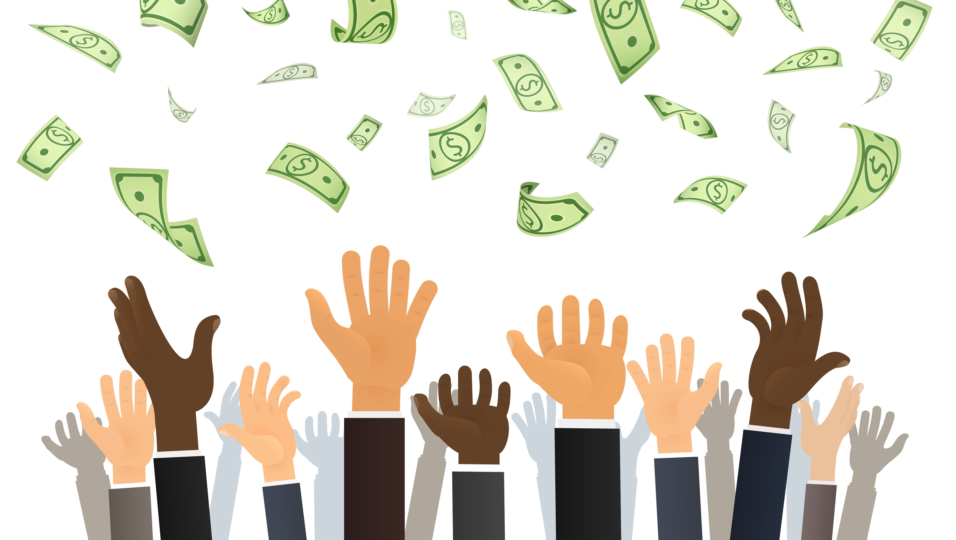 Multiple hands of different shades in business suit reaching for money. 