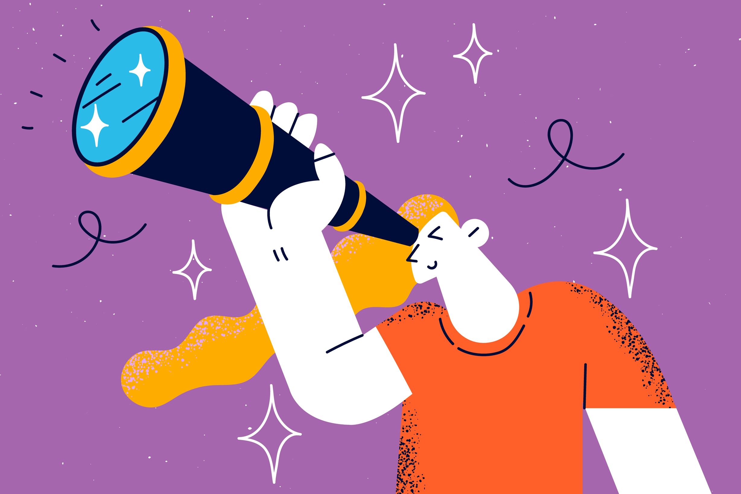 Young curious woman holding binoculars in hand.