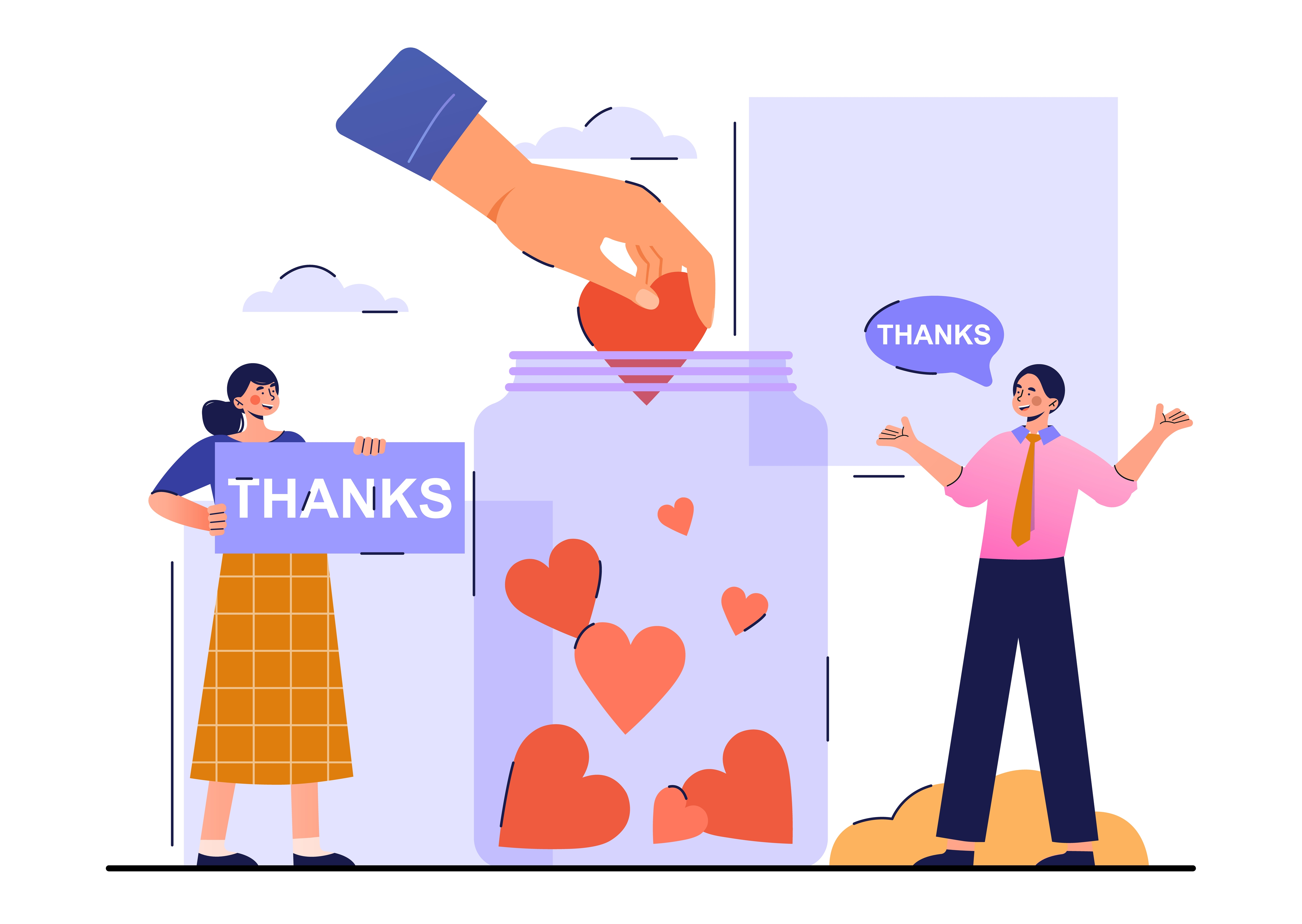 Man and woman standing beside gratitude jar.