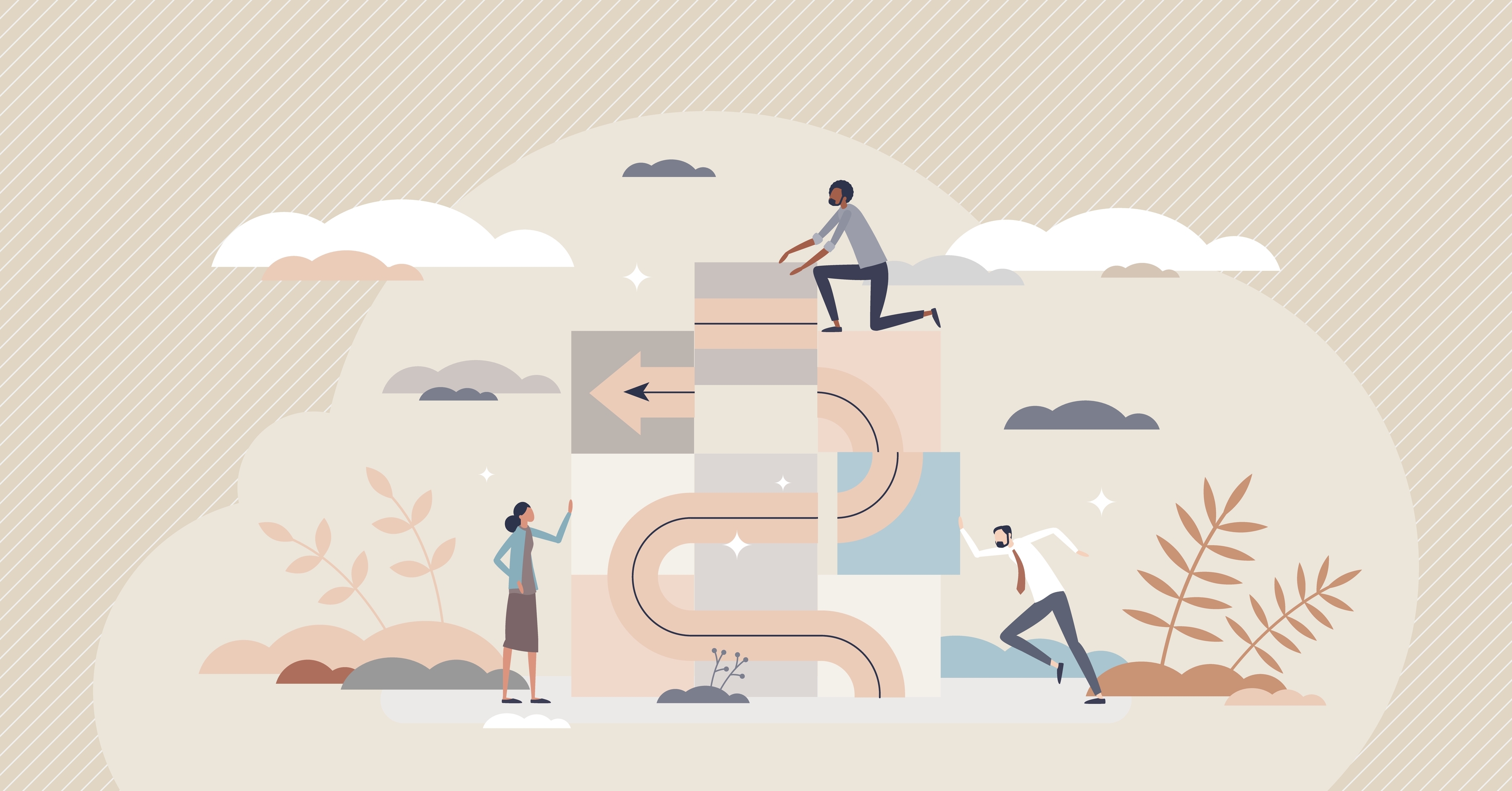 Three team members implementing project strategy planning. 