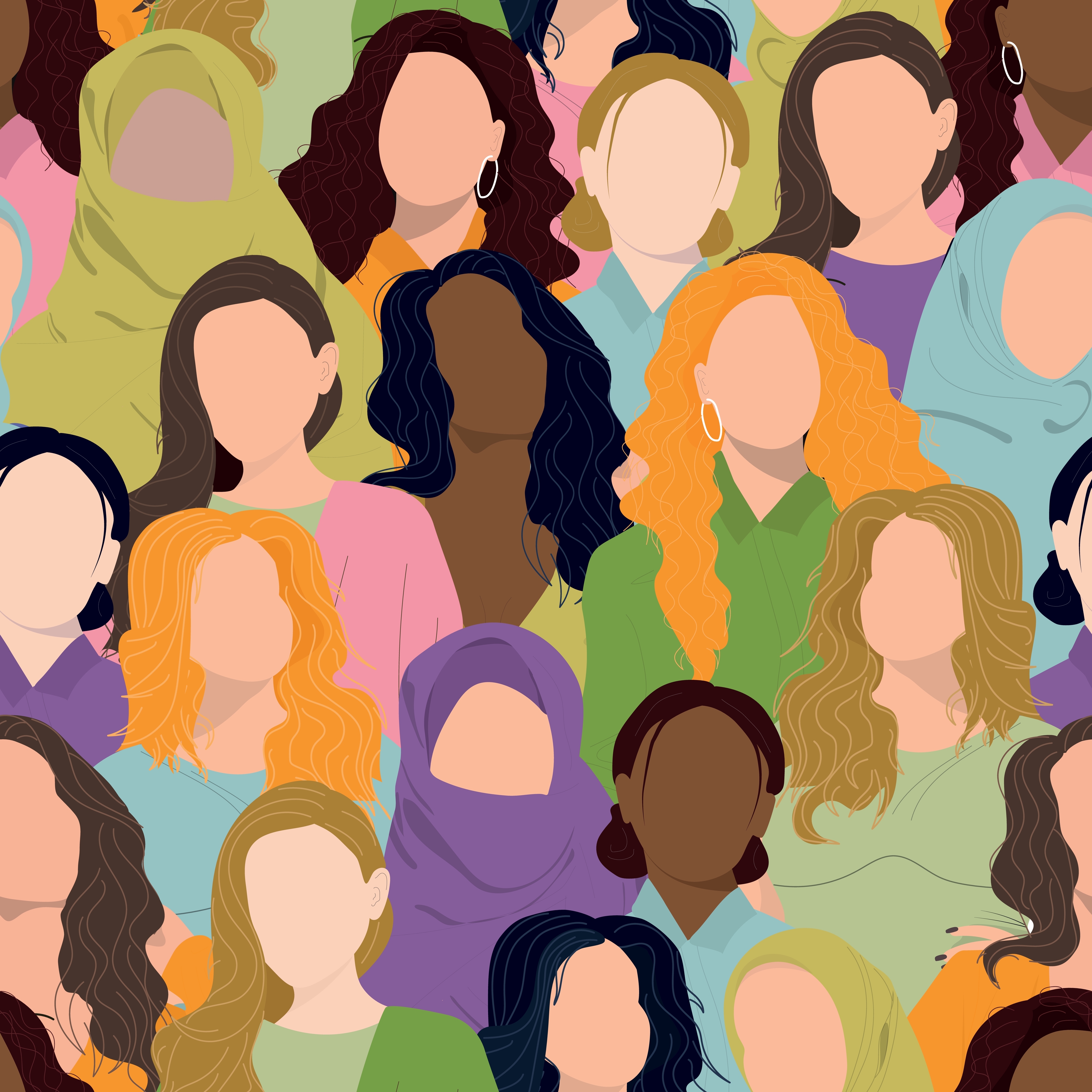 Women's day pattern with women faces. Female diverse faces of different ethnicity.