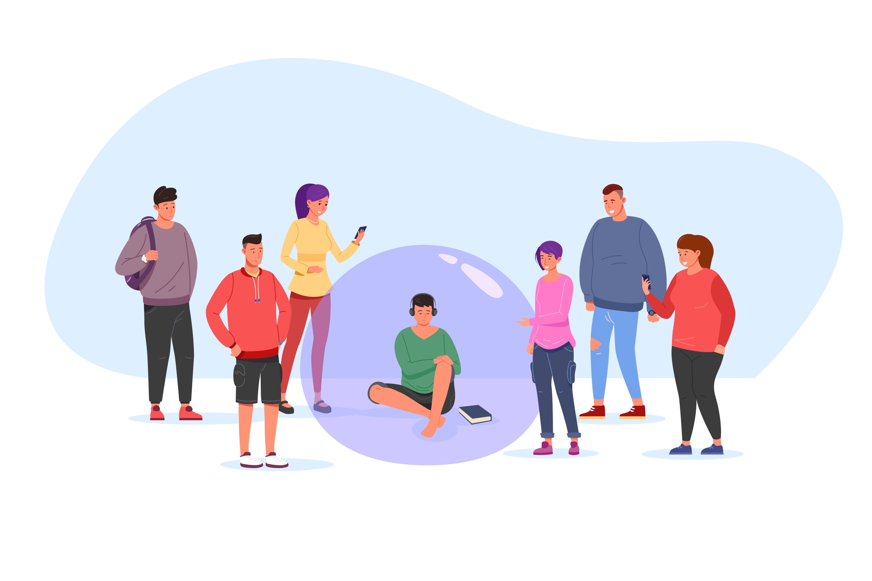 Introverted man listening to music in a bubble surrounded by people. 