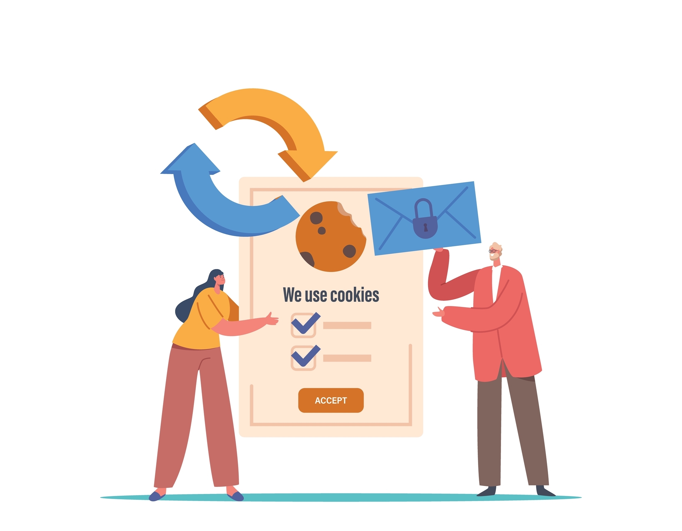 Tiny characters with huge internet web pop up "We Use Cookies" policy notification.