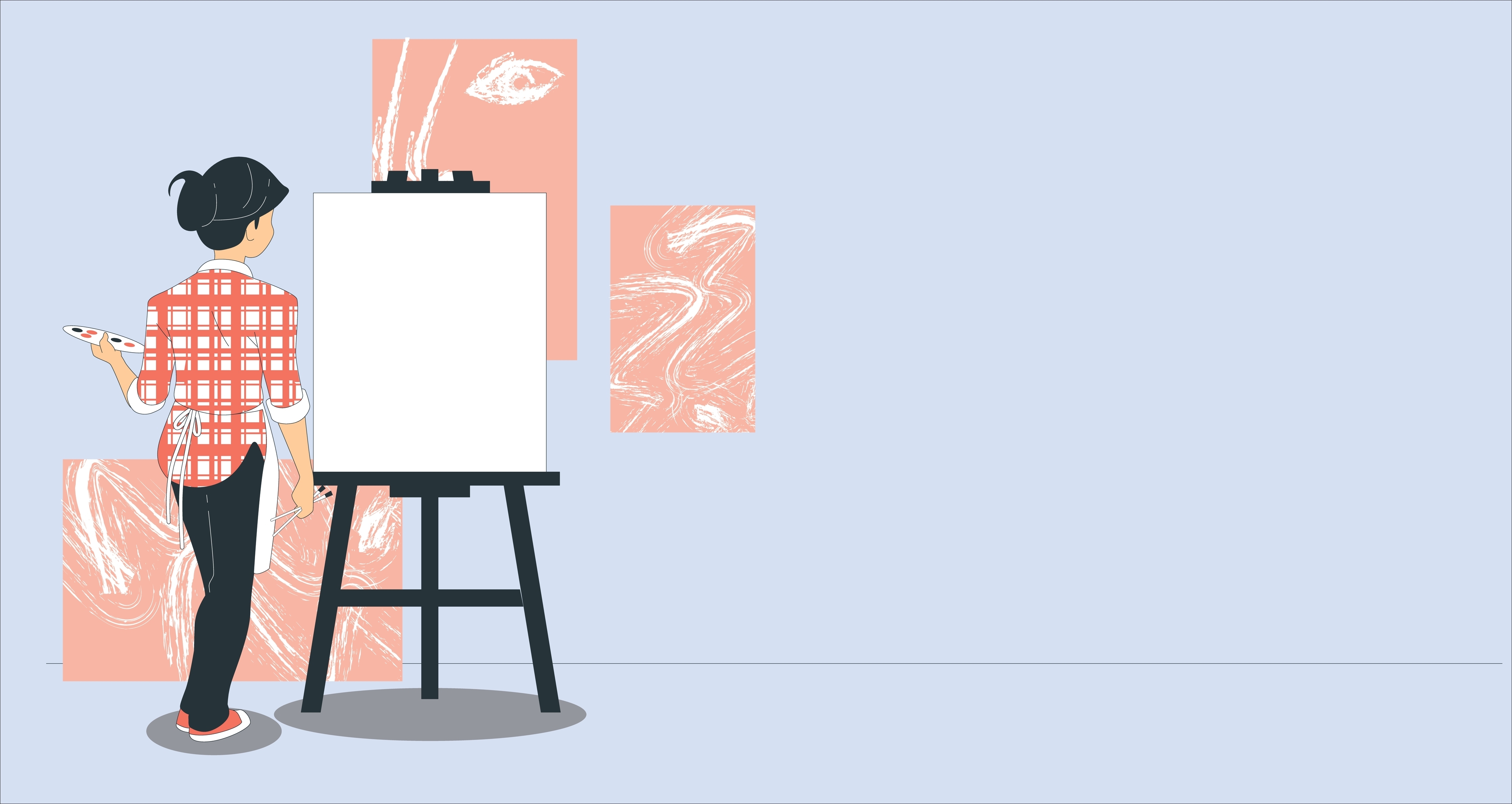 Female artist standing in front of blank canvas.