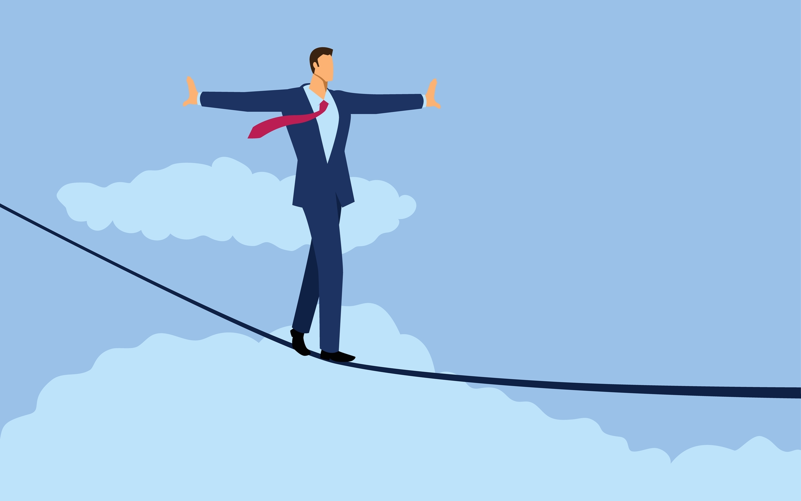 Businessman walking on a rope balancing himself.