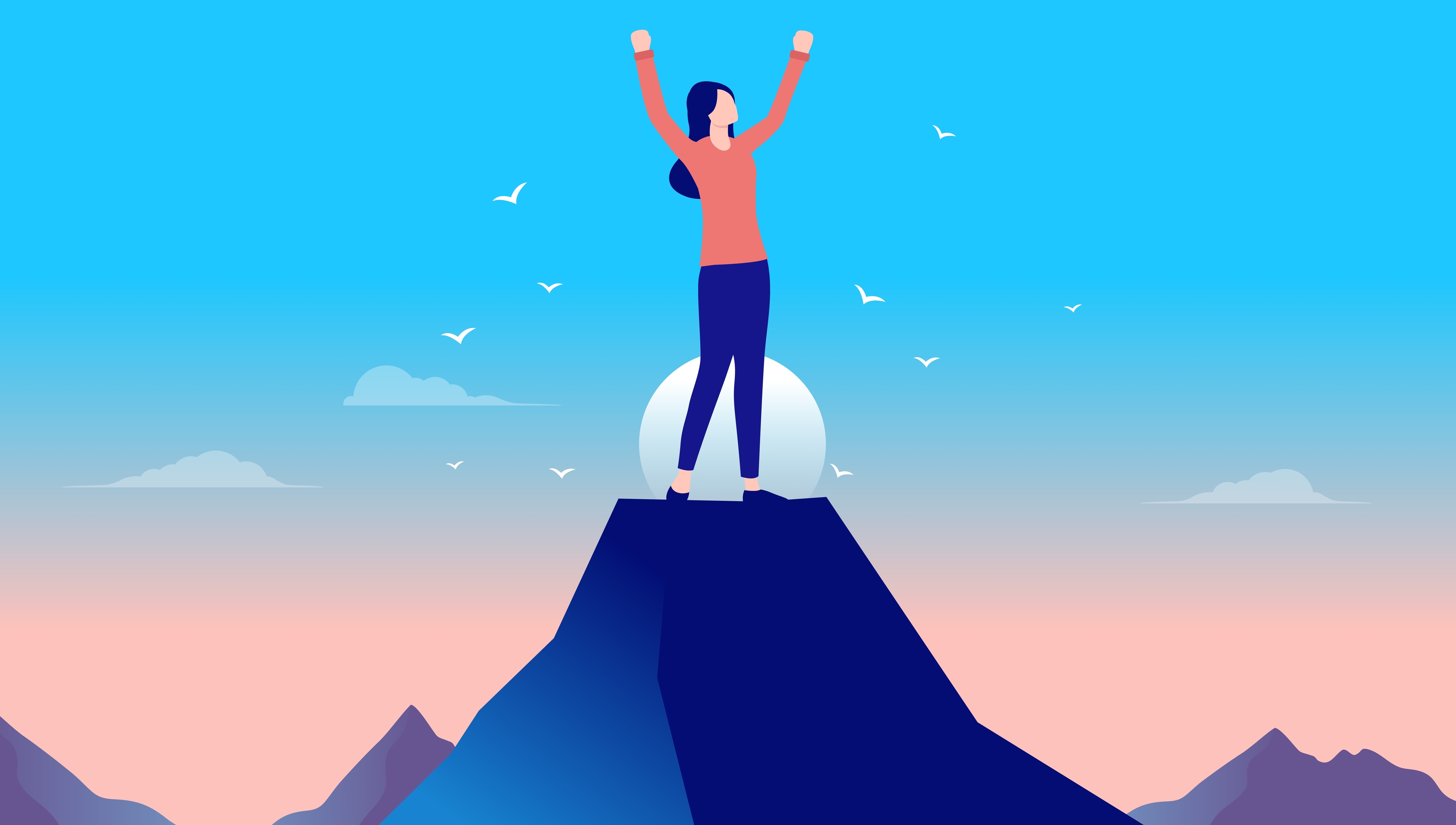 Casual woman on mountaintop feeling free with hands raised, happy and cheerful over personal achievement and success. 