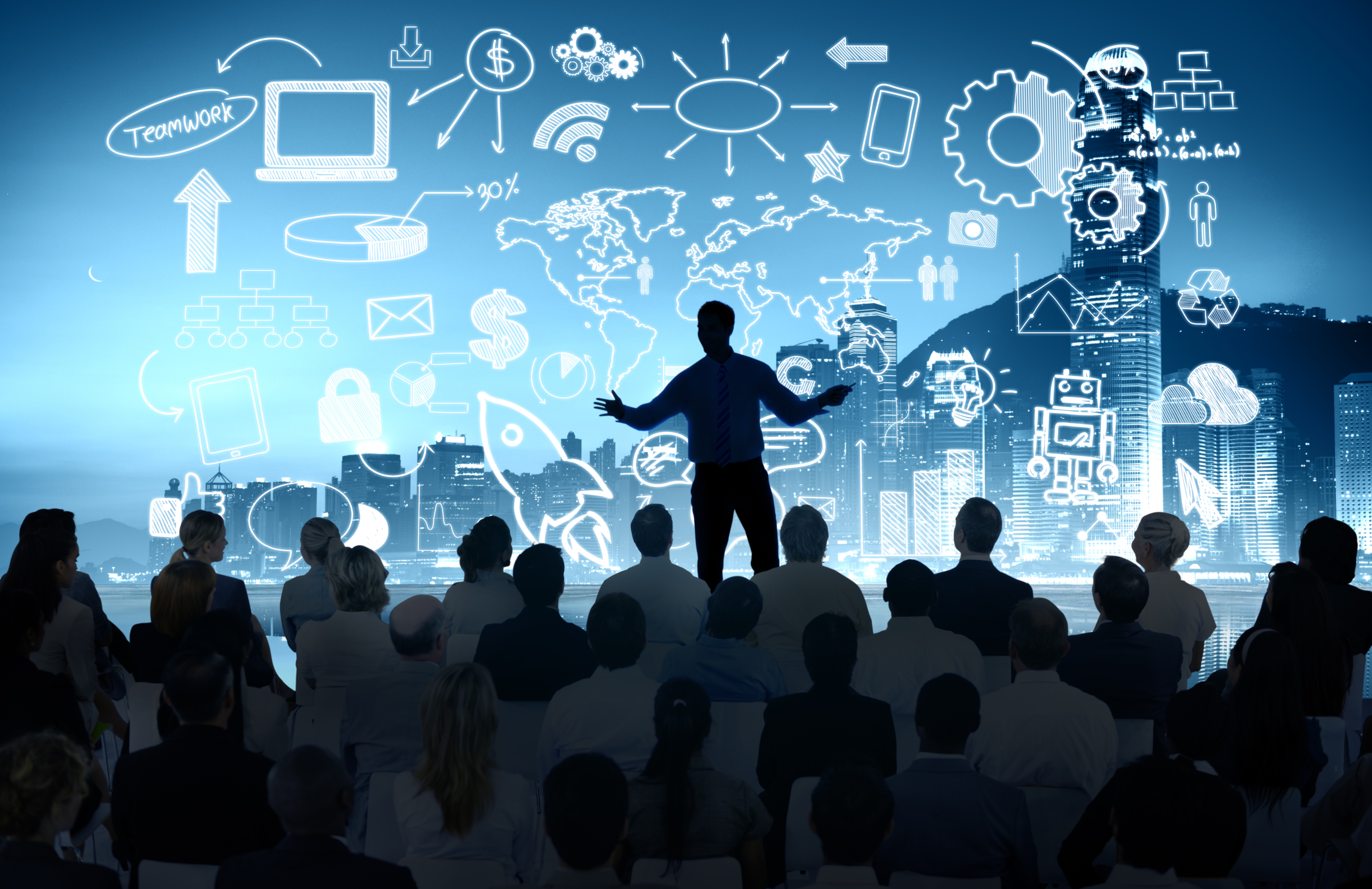 Business people and corporate cityscape.