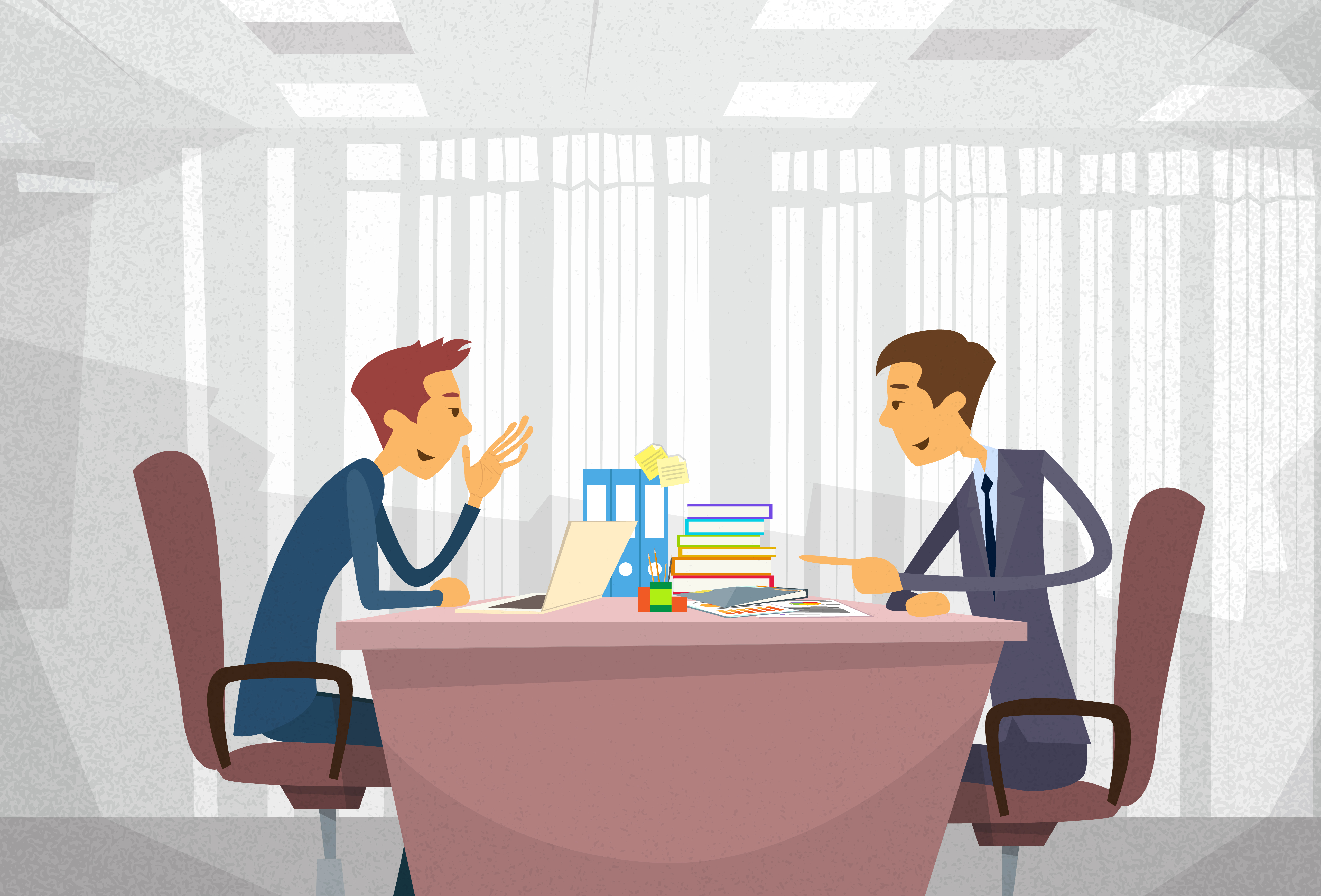 Two businessmen talking at desk.