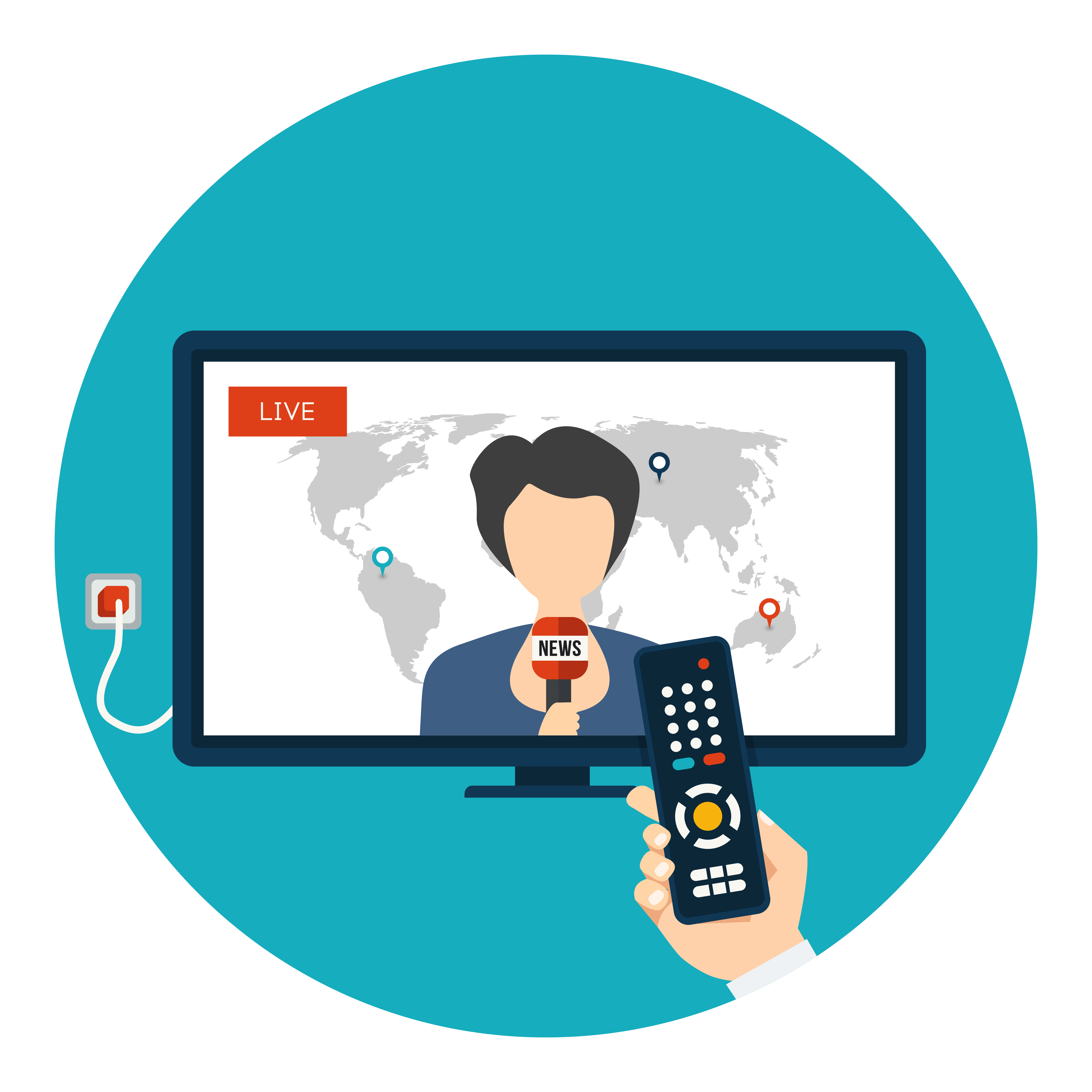 Hand holding remote control and watching breaking news on TV. 