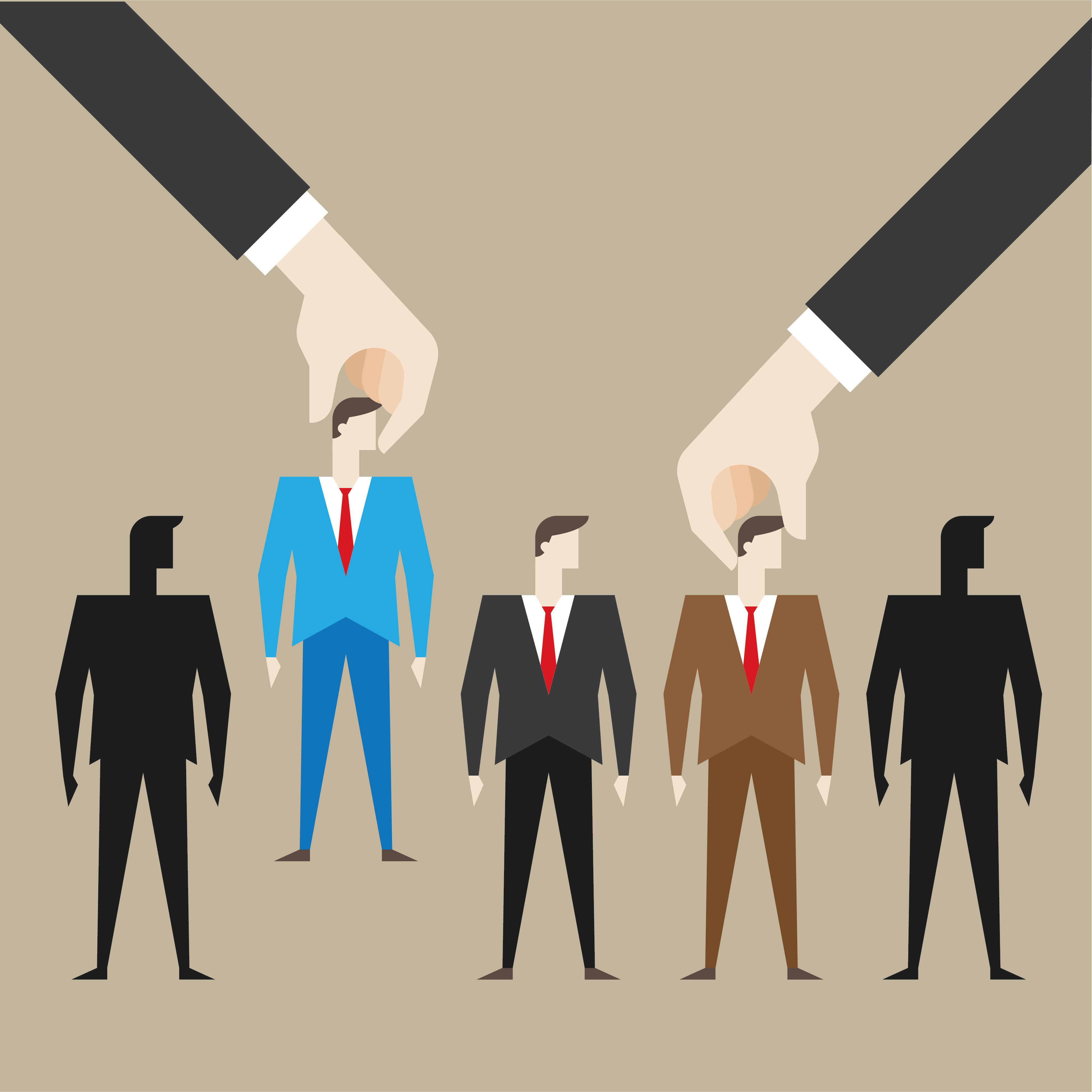 White hands in business suit picking through row of candidates.