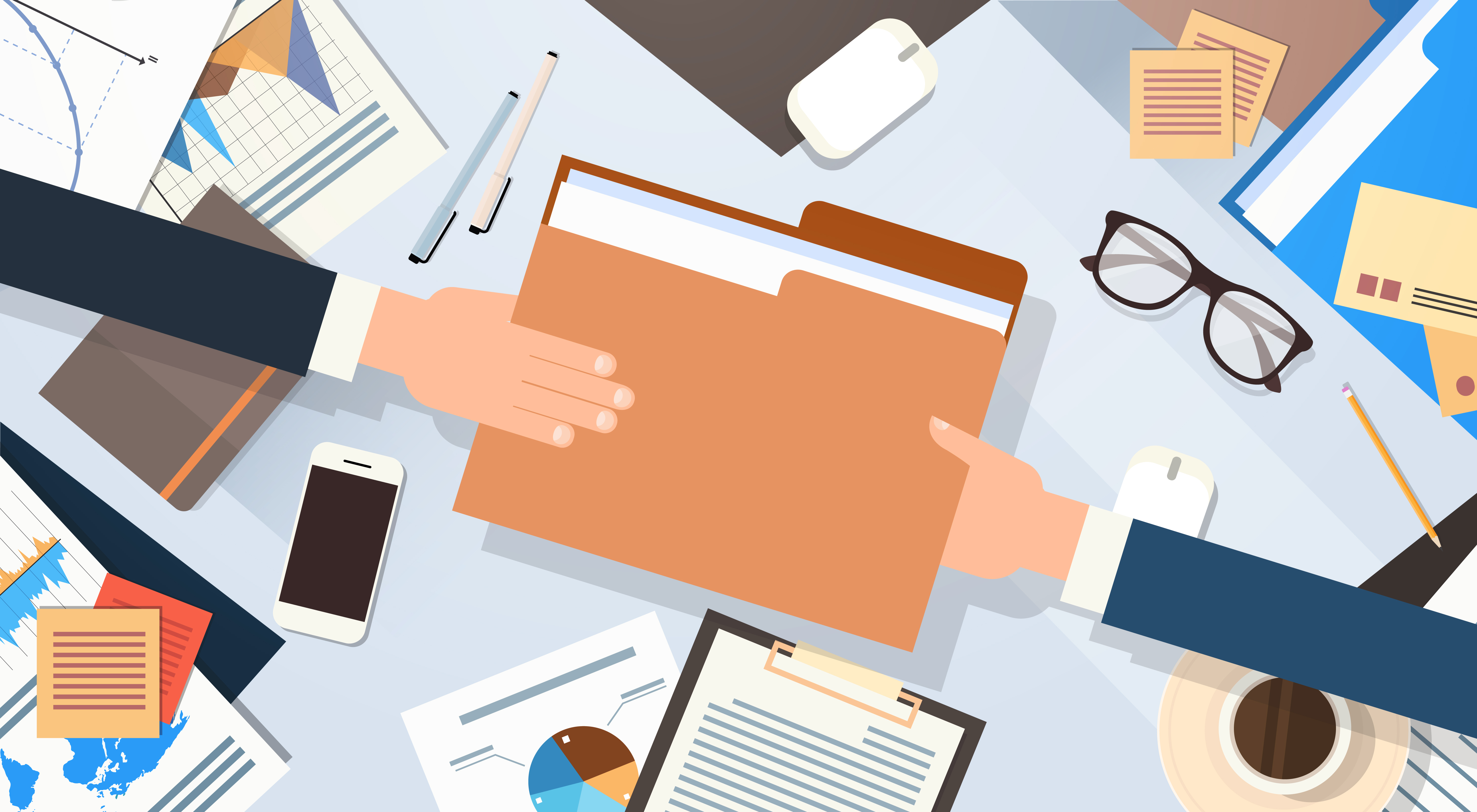 Two hands sharing folder of documents.