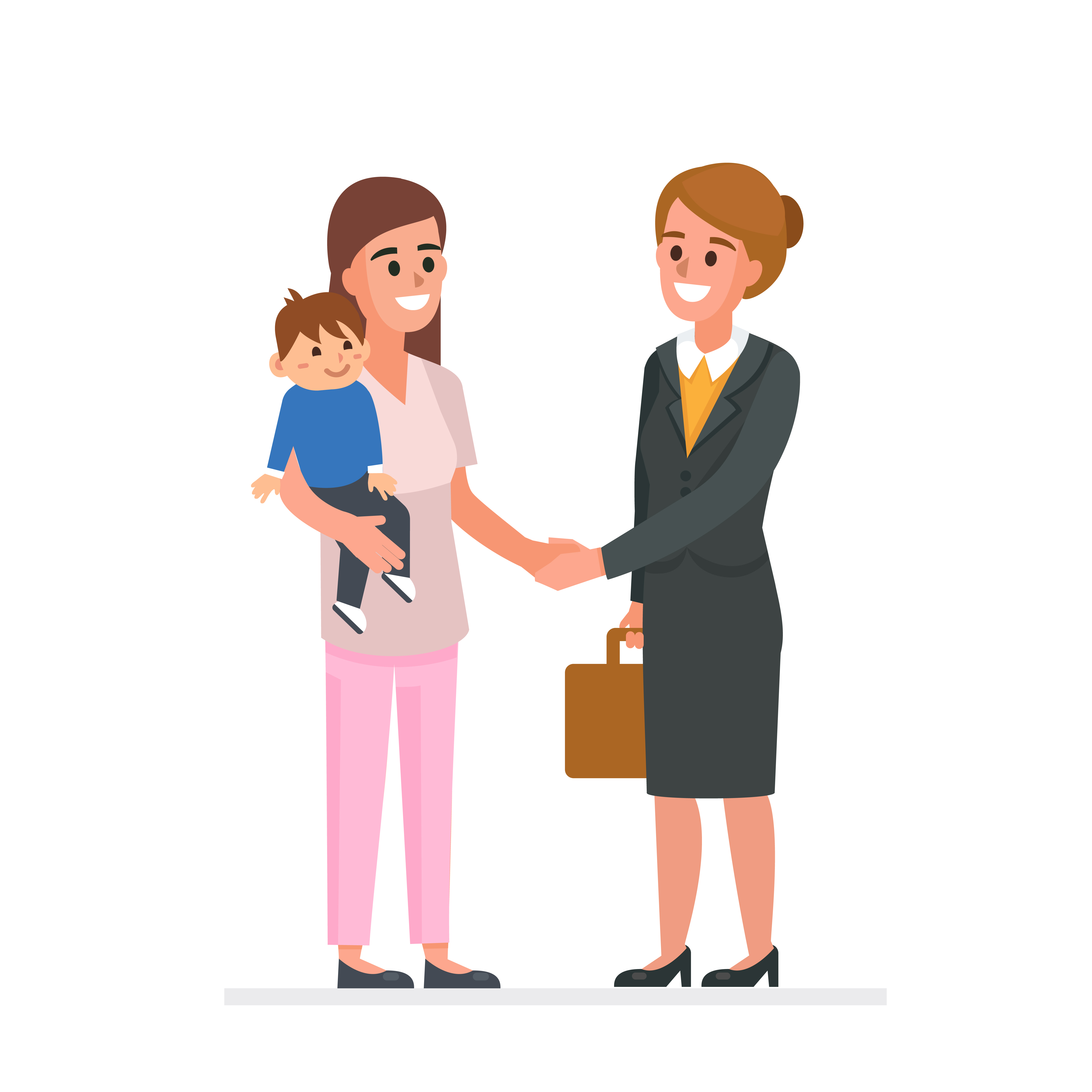 Nanny with child shaking business mother hand. 