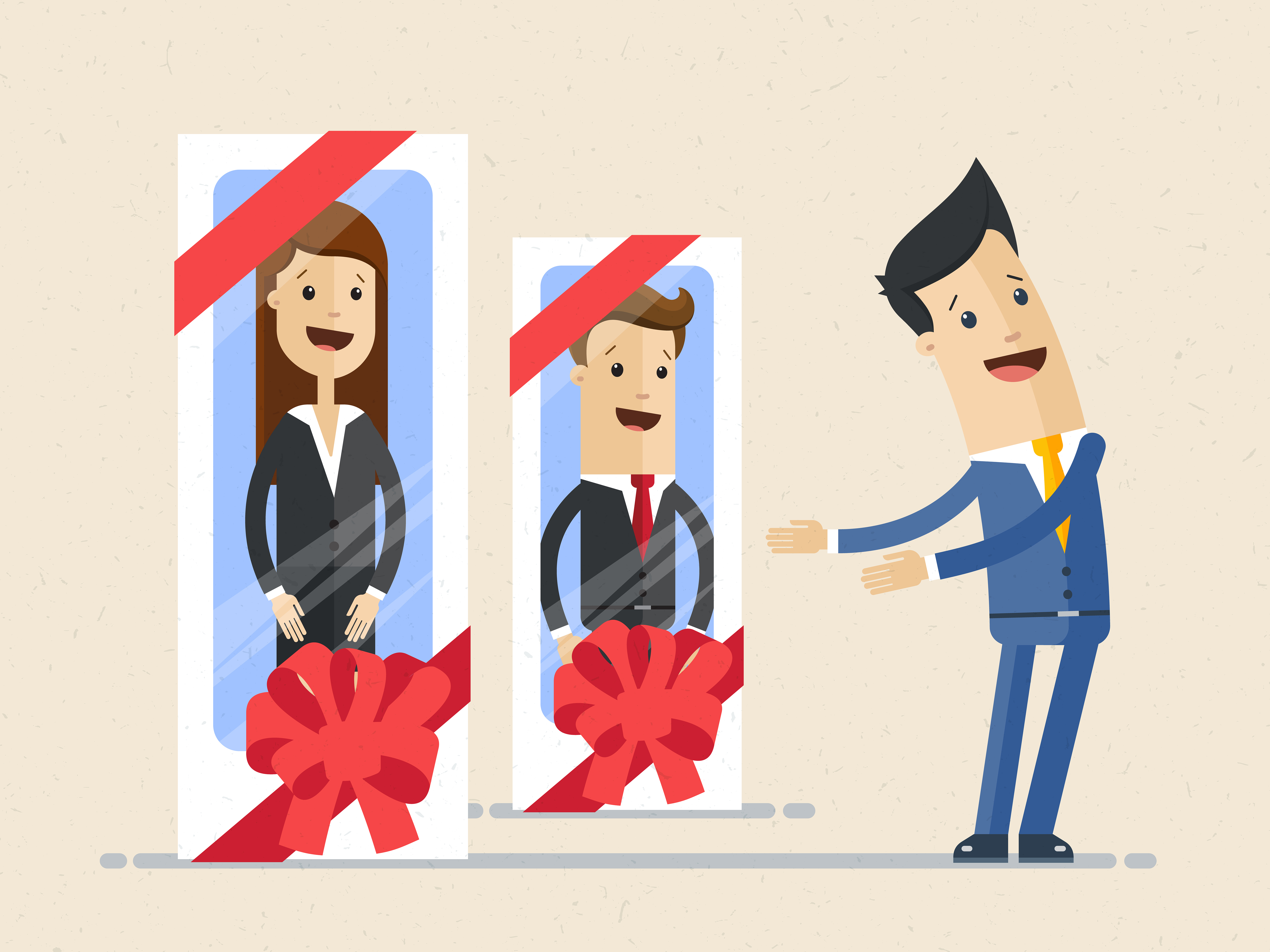 A boss showing off his valuable employees wrapped as a gift. 