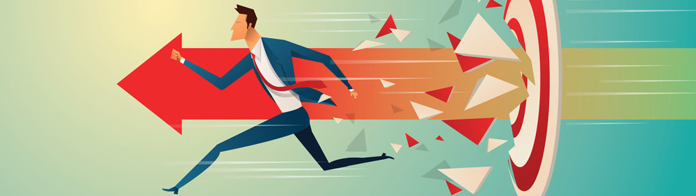 a businessman running with an arrow pointing forwards