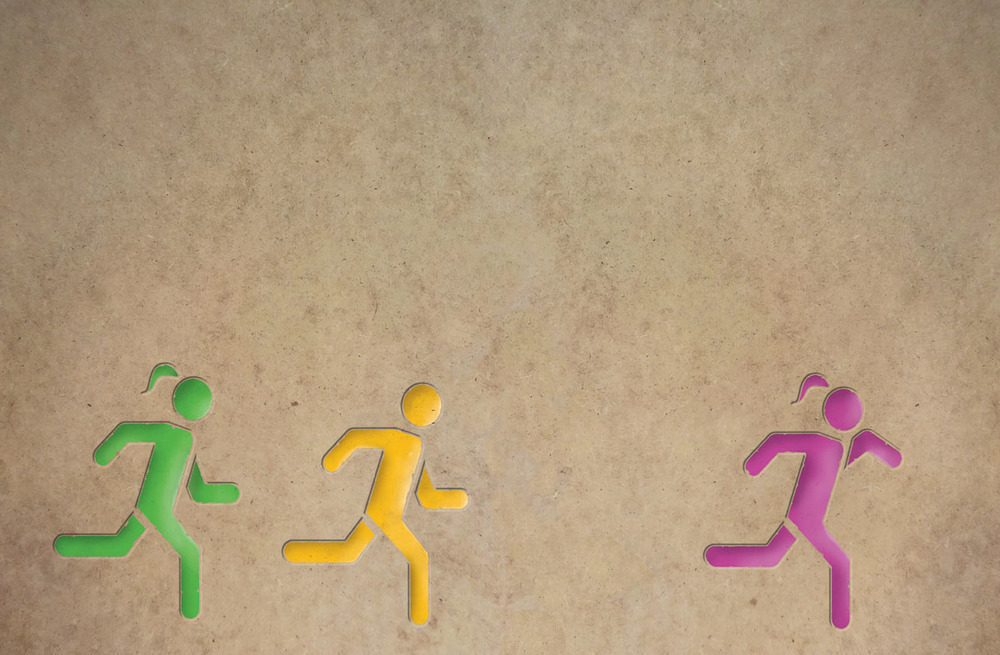 3 human figures running, two with ponytails and one without