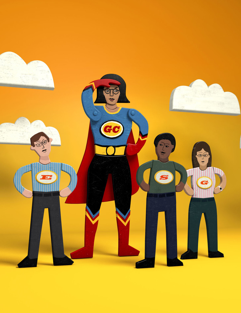 A large super-woman with GC on her chest stands larger that 3 normal sized people with the letters E, S, and G.