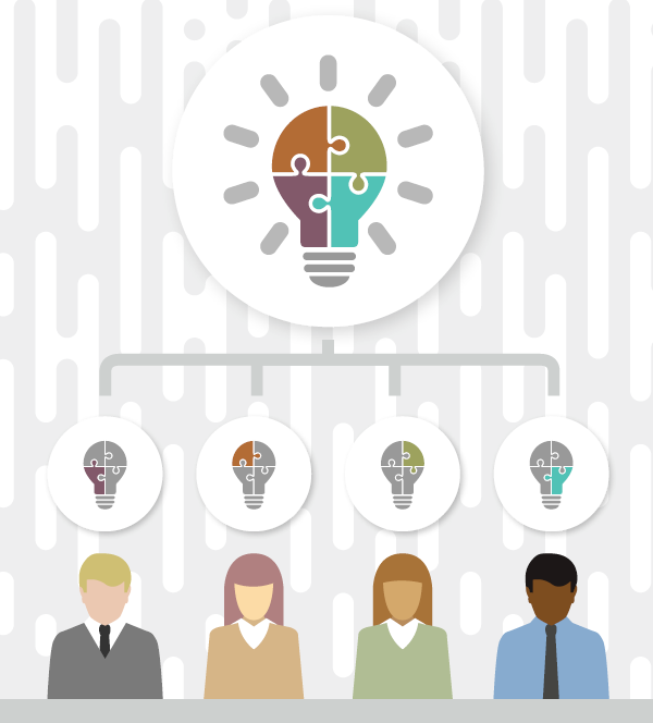 4 lightbulbs complete the puzzle in one larger lightbulb