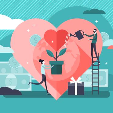 illustration focused on heart with heart inside as plant people are watering and it's surrounded by paper money