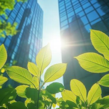 Green leaves below office buildings