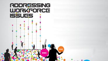 Several people carrying colorful balls that read ESG and building them up to the words Addressing Workforce Issues