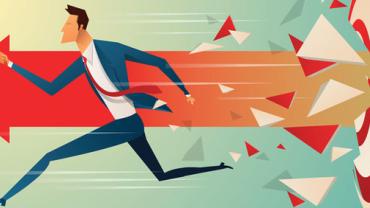 a businessman running with an arrow pointing forwards